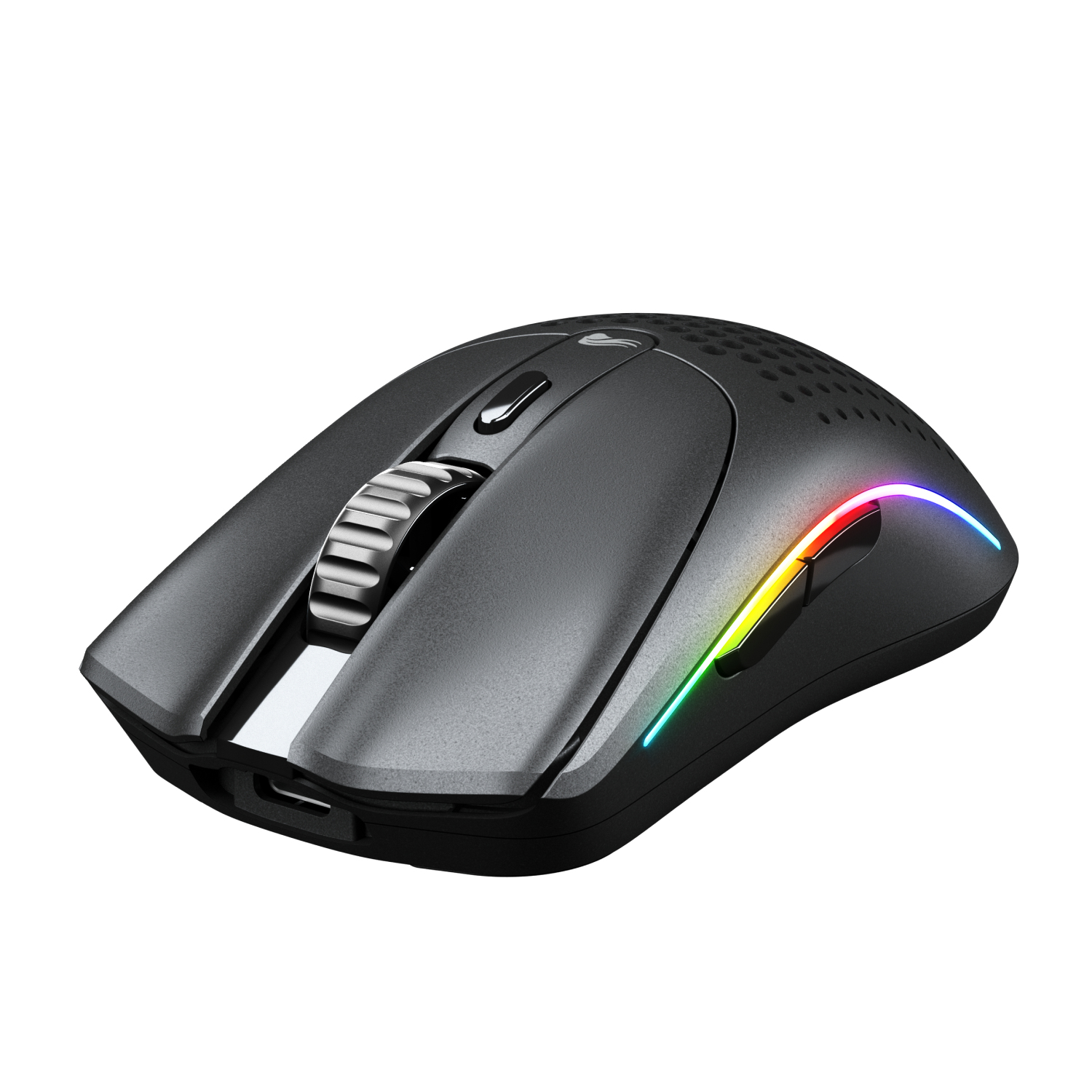 Mouse da gioco nero con luci colorate. Rotella argento e pulsanti neri. Sfondo bianco.