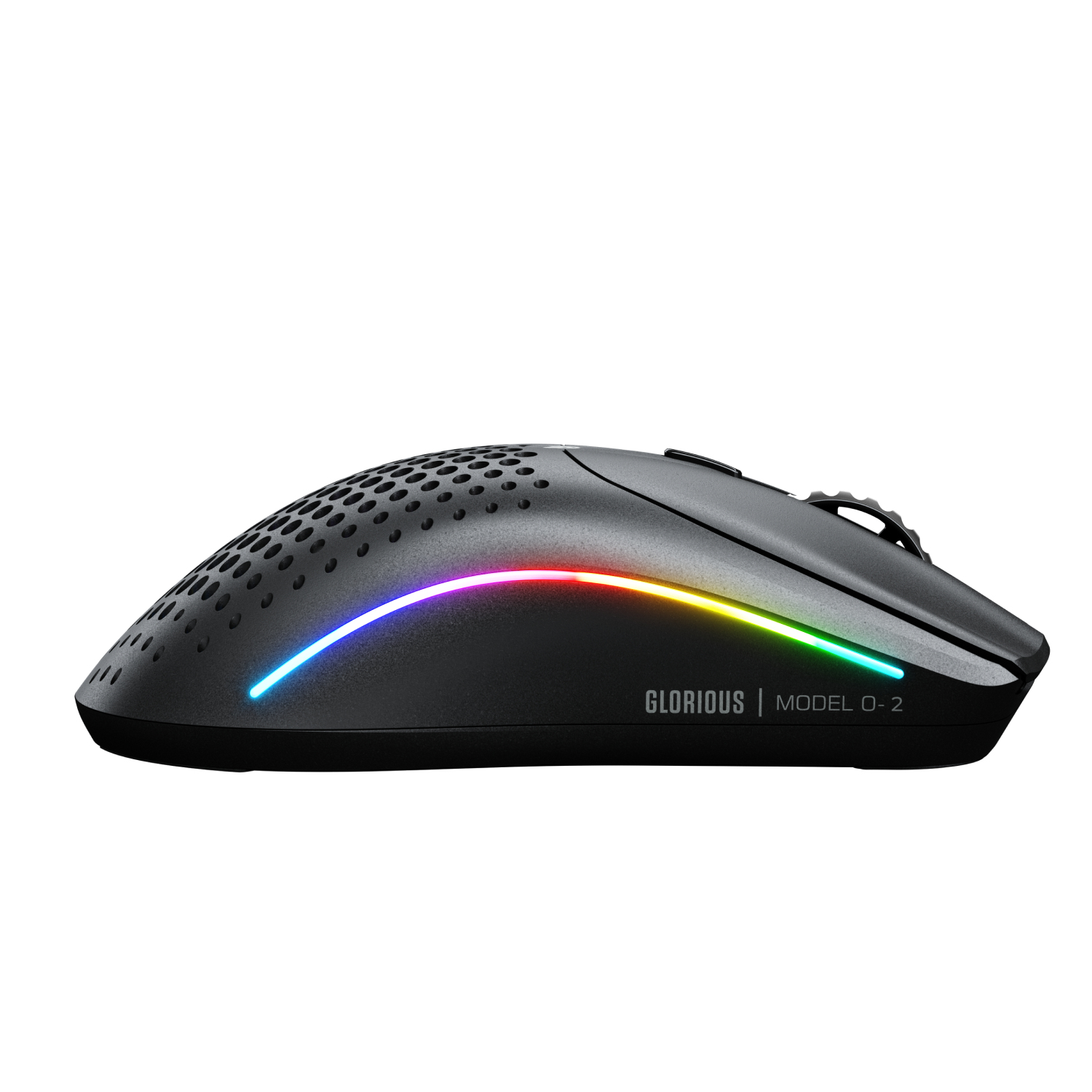 Mouse da gioco nero con luci colorate sul fondo. Pulsanti laterali. Sfondo bianco.
