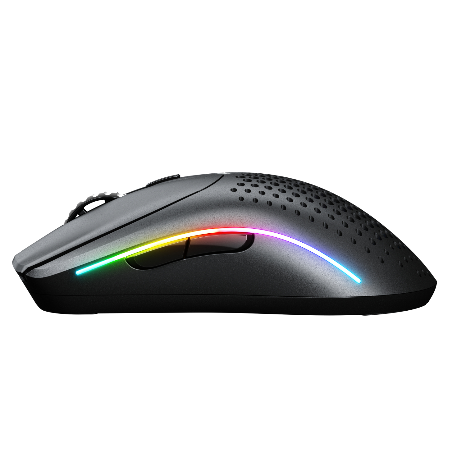 Mouse da gioco nero con luci colorate sul lato. Pulsanti laterali. Sfondo nero.