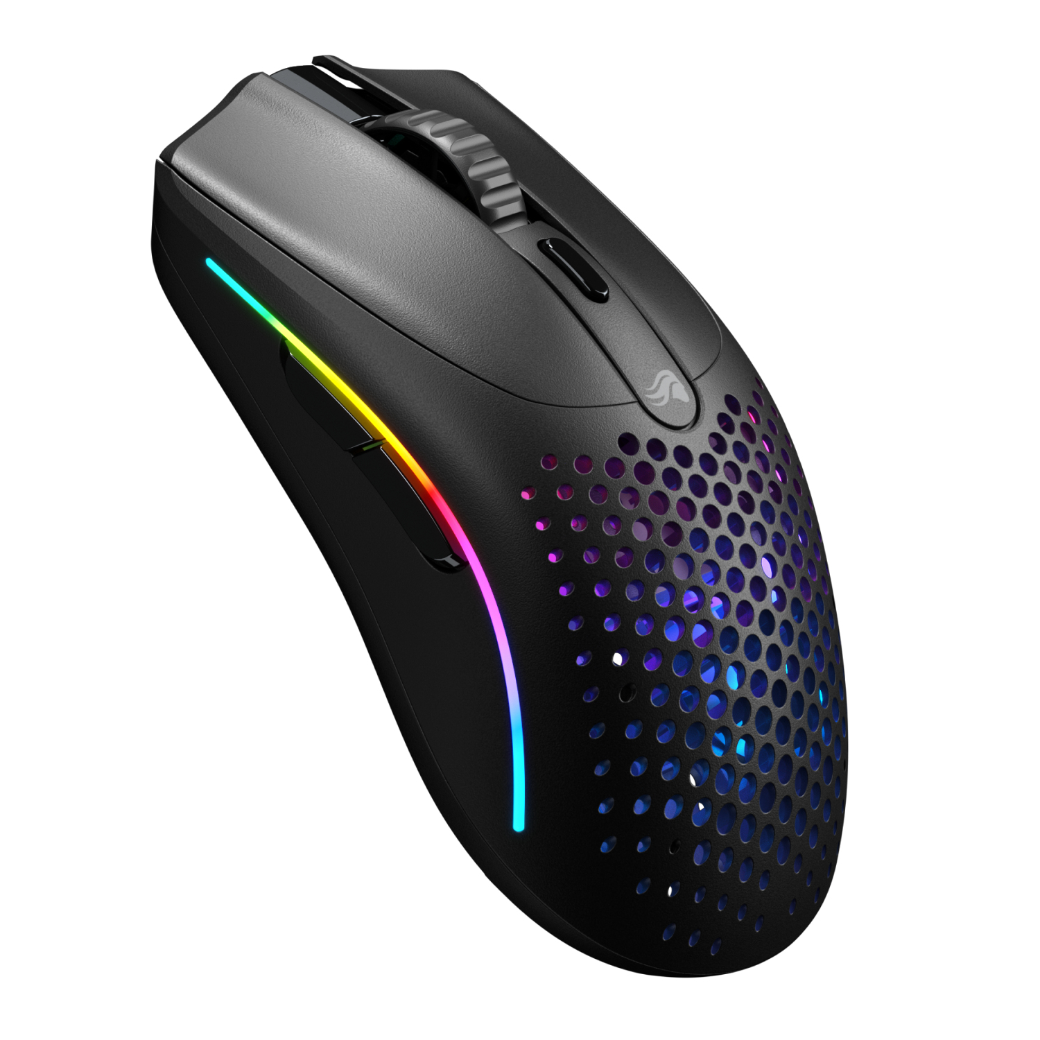 Mouse da gioco nero con illuminazione RGB laterale e rotella. Il mouse è angolato, sfondo bianco.