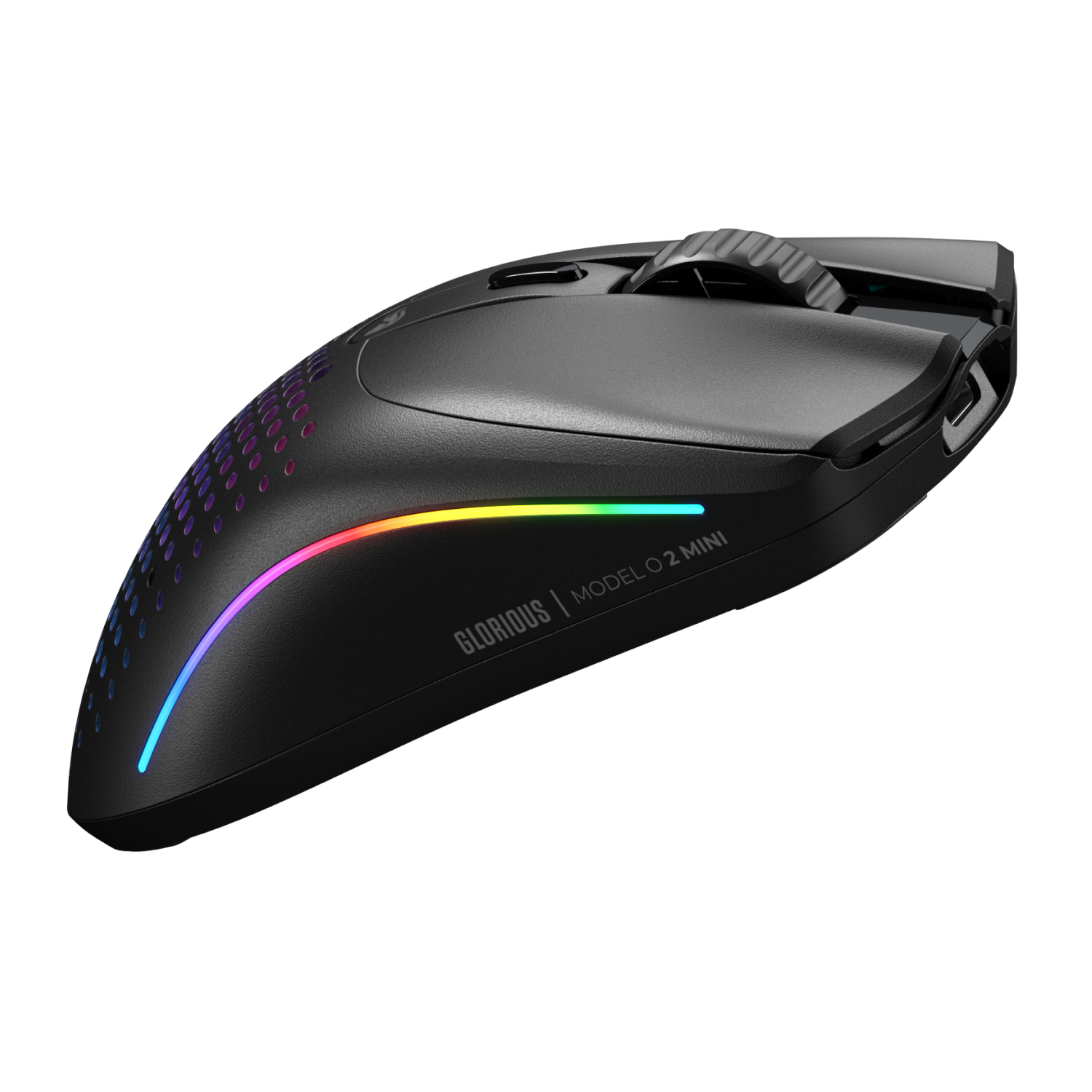 Mouse da gioco nero con illuminazione RGB. Il mouse ha una rotella e pulsanti. Sfondo bianco.