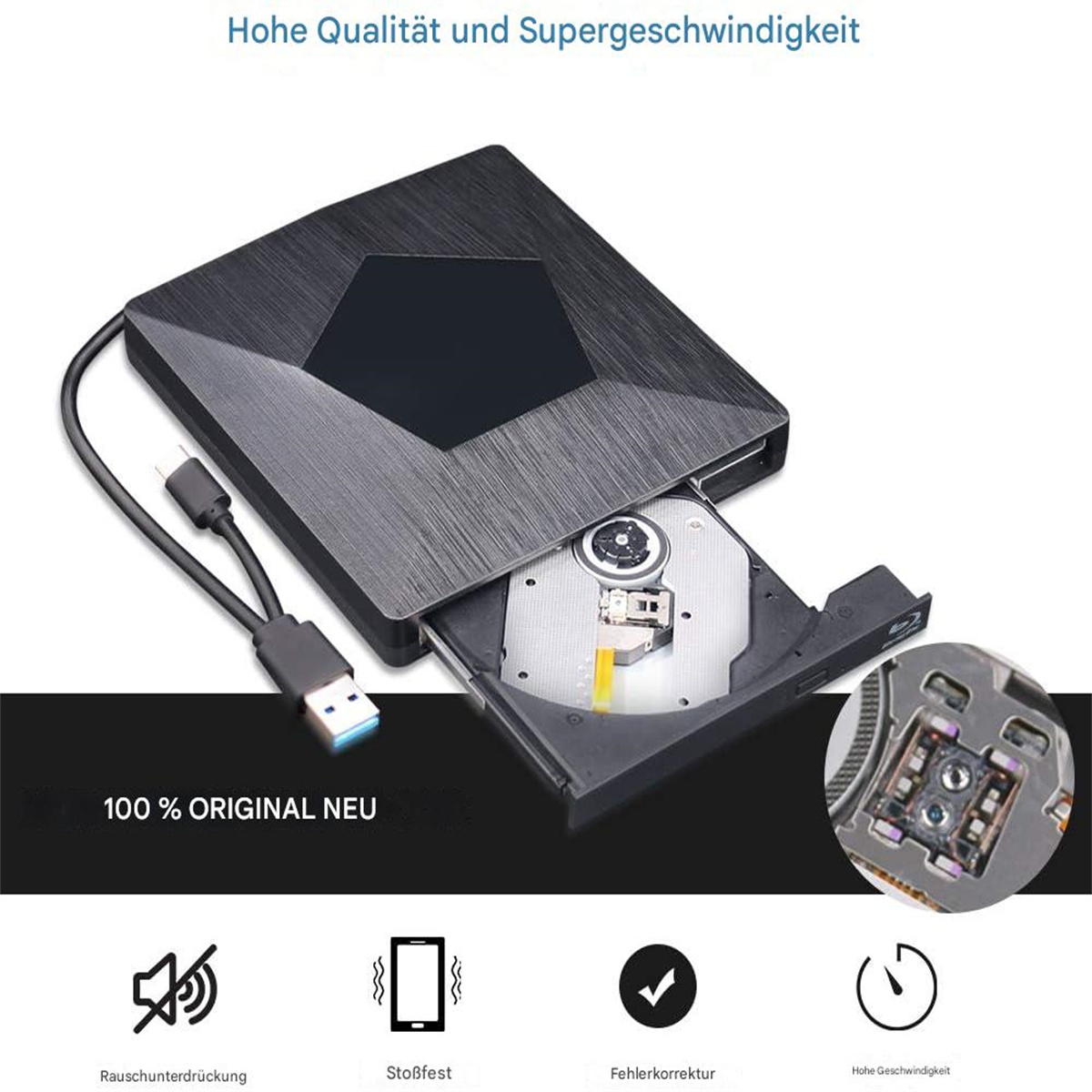 Schwarzes externes DVD-Laufwerk. Geöffnete Schublade mit Disc. USB-Kabel. Text: Hohe Qualität, schnelle Geschwindigkeit. Weißer HG.