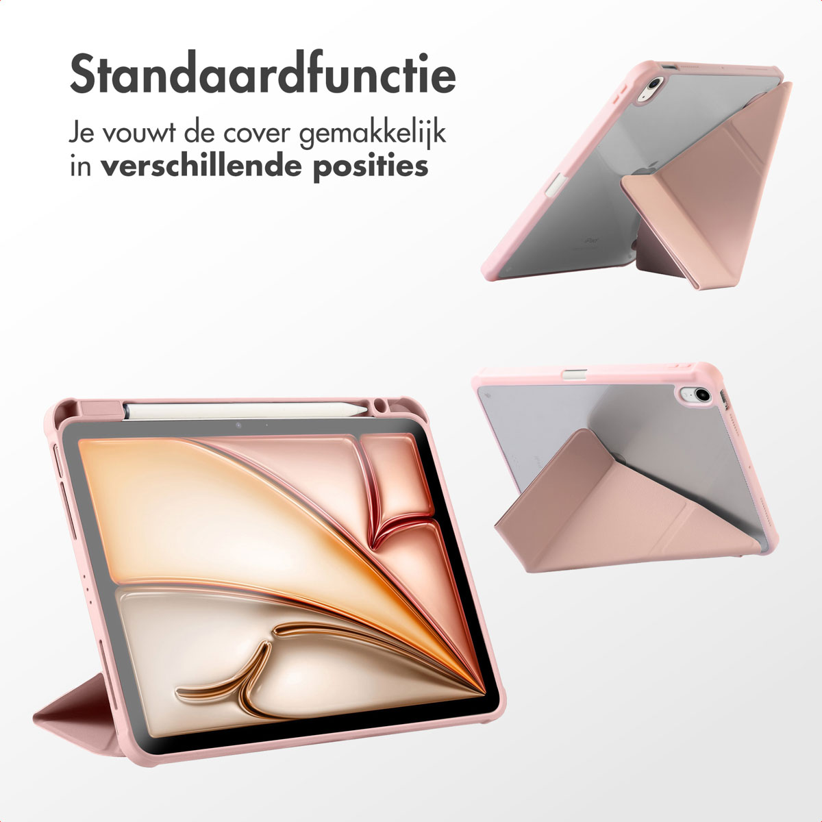 A pink tablet case with a folding stand, in three different angles. The background is a gradient of pink and white.