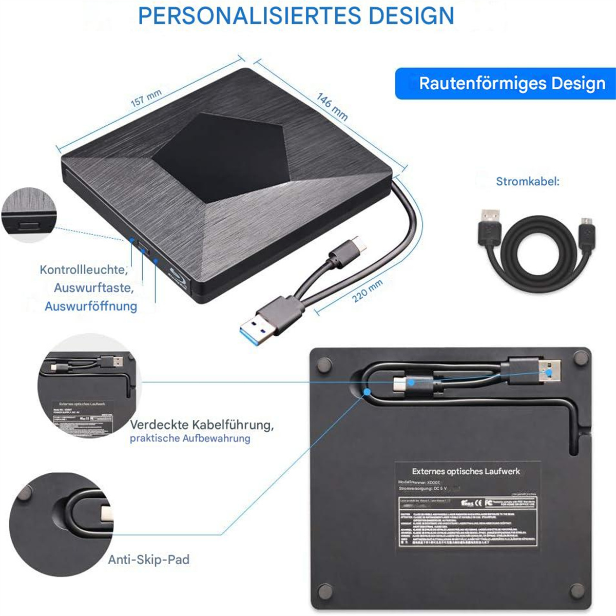 Schwarzes externes optisches Laufwerk mit Abmessungen. Es hat ein USB-Kabel und ein Netzkabel.