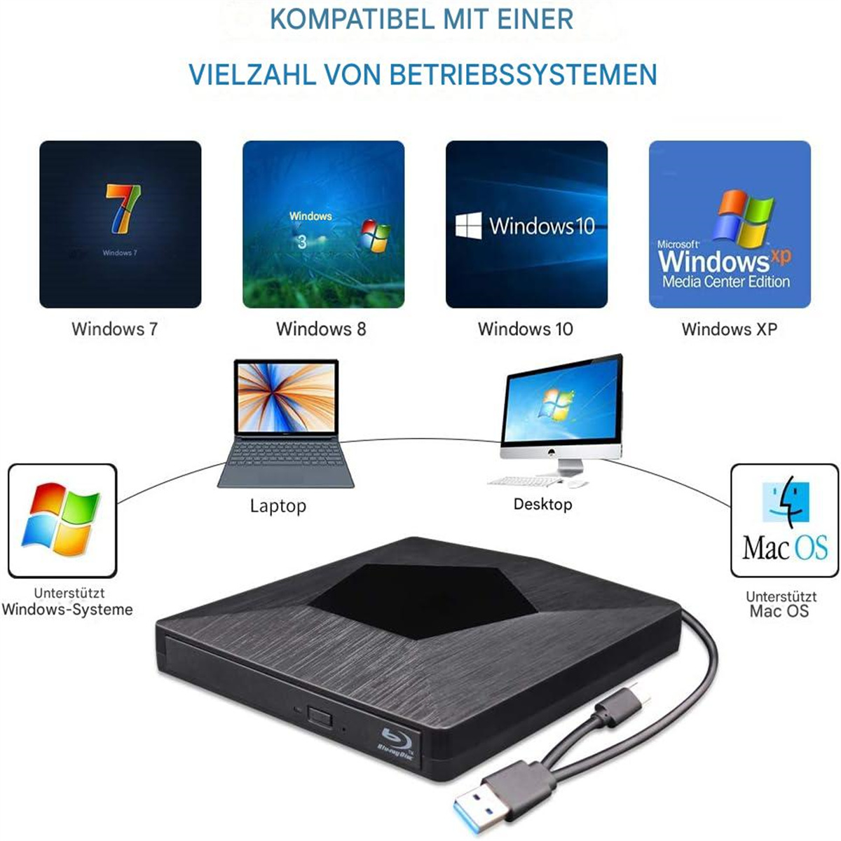 Ein schwarzes externes CD/DVD-Laufwerk mit Logos verschiedener Betriebssysteme. Der Hintergrund ist weiß.