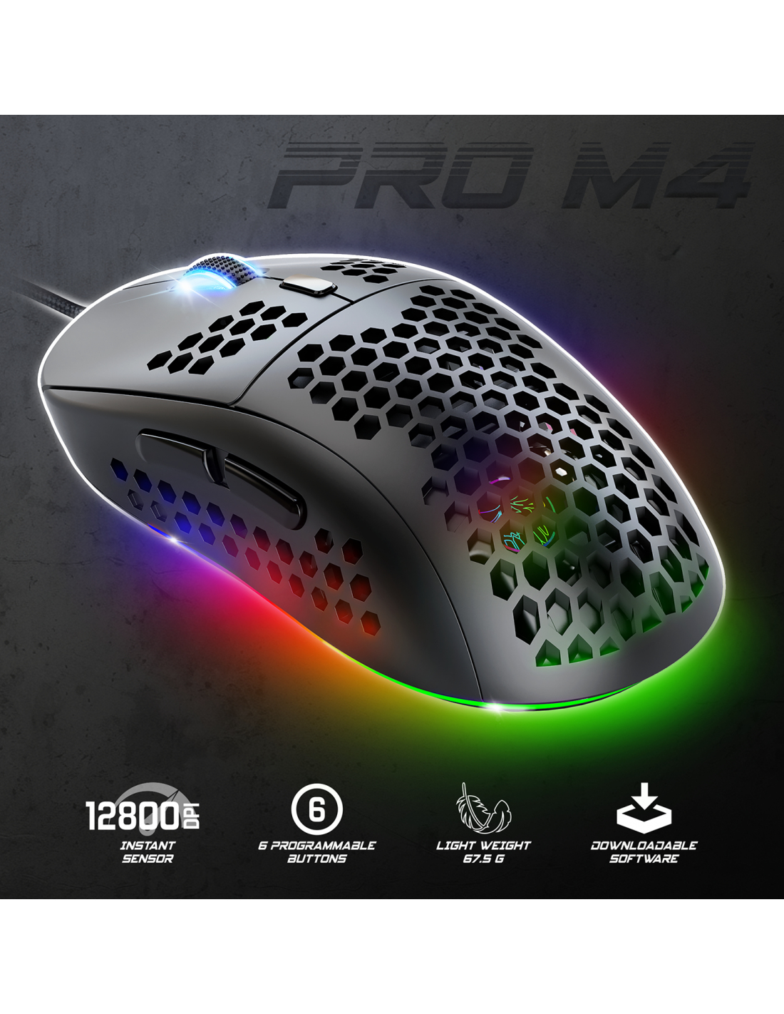 Zwarte gamingmuis met RGB-verlichting, honingraatontwerp. De muis heeft knoppen en een scrollwiel. De achtergrond is donker.
