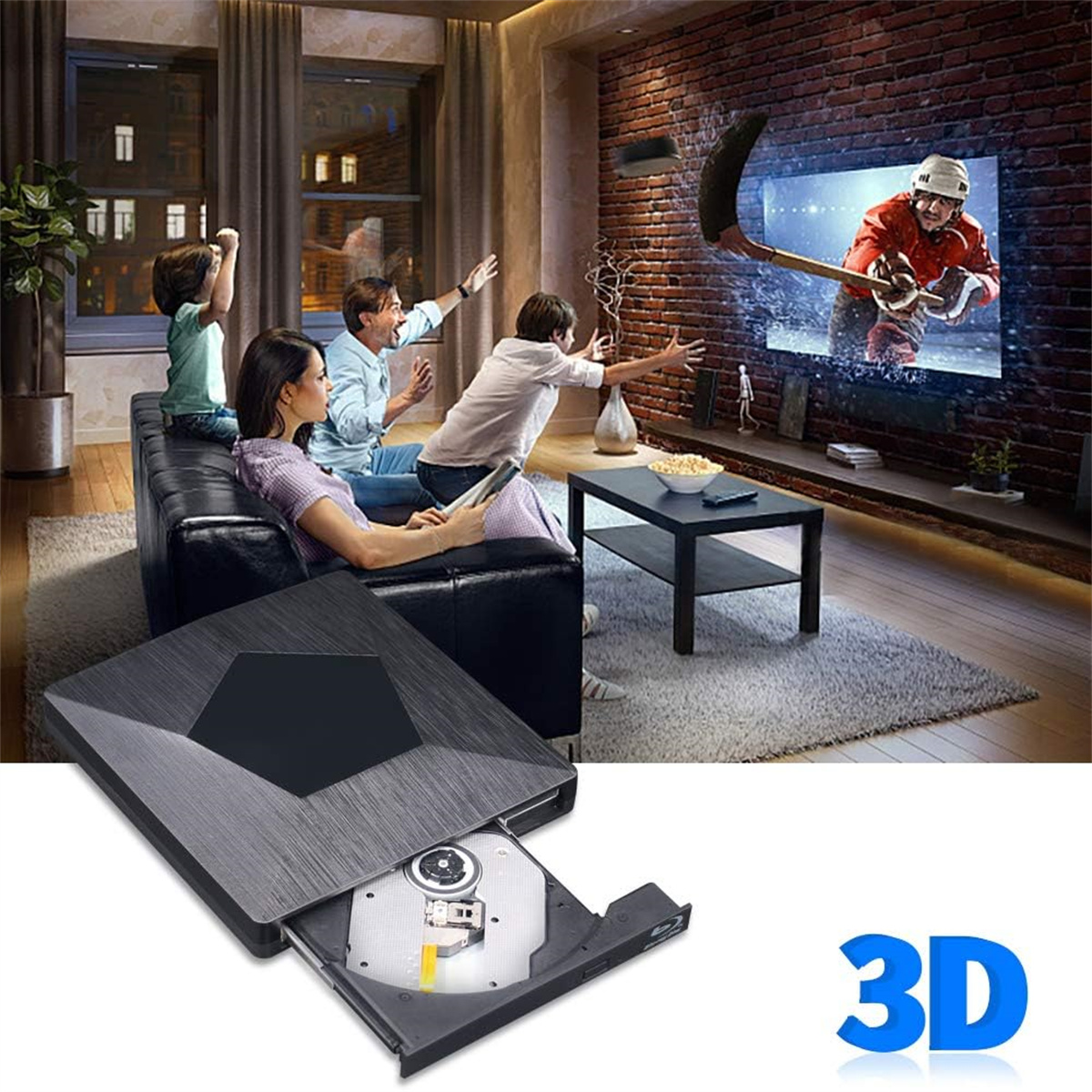 Ein Wohnzimmer mit einem Fernseher, der ein Hockeyspiel zeigt, und 3D-Text unter dem Bildschirm.