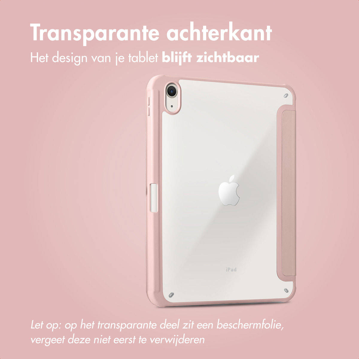 A pink iPad case. The back is transparent. The Apple logo is visible.