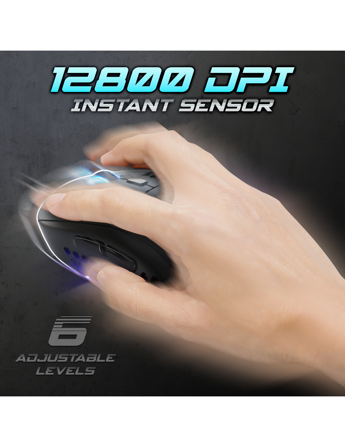 Een hand die een zwarte muis vasthoudt. Tekst zegt 12800 DPI en instelbare niveaus.