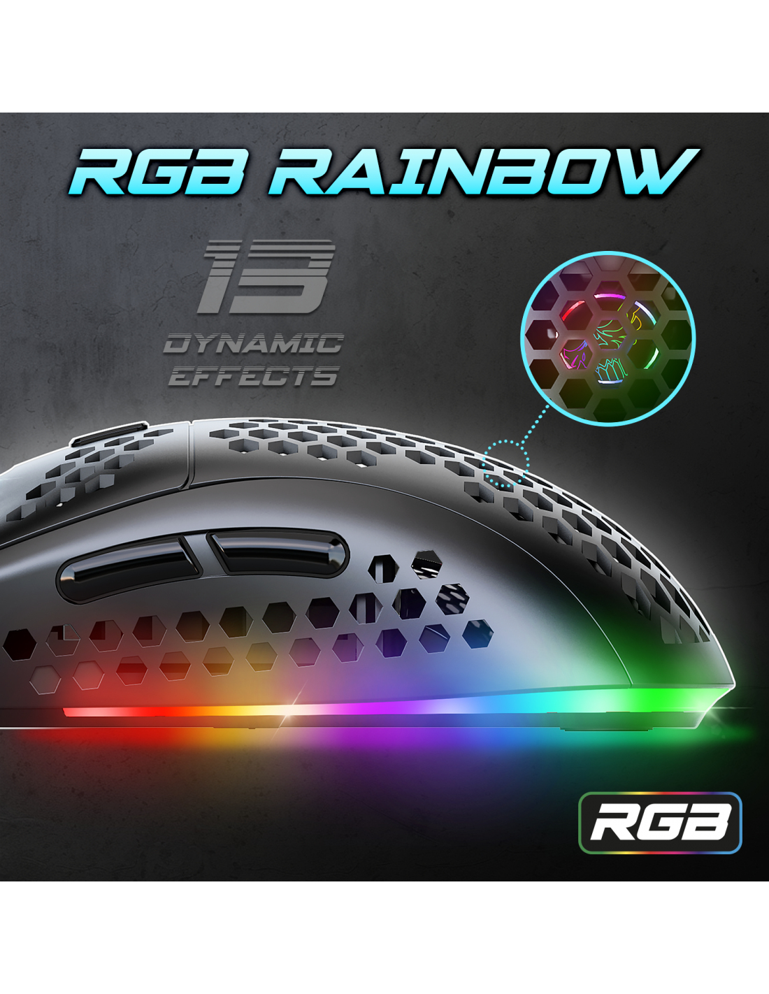 Zwarte gamingmuis met RGB-lichteffecten; het logo is zichtbaar.