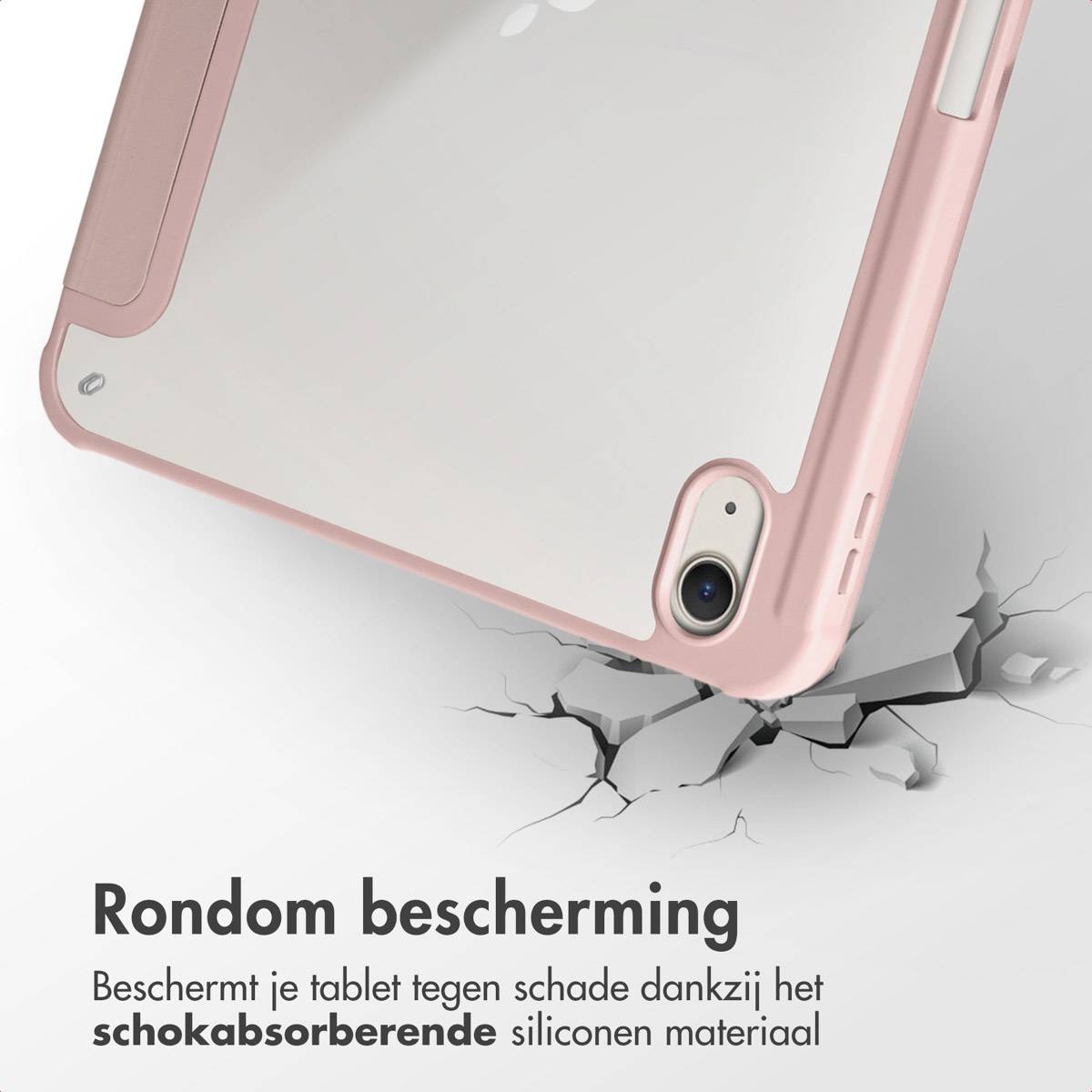 Pink iPad case. The case shows a cracked screen. The Apple logo is visible.