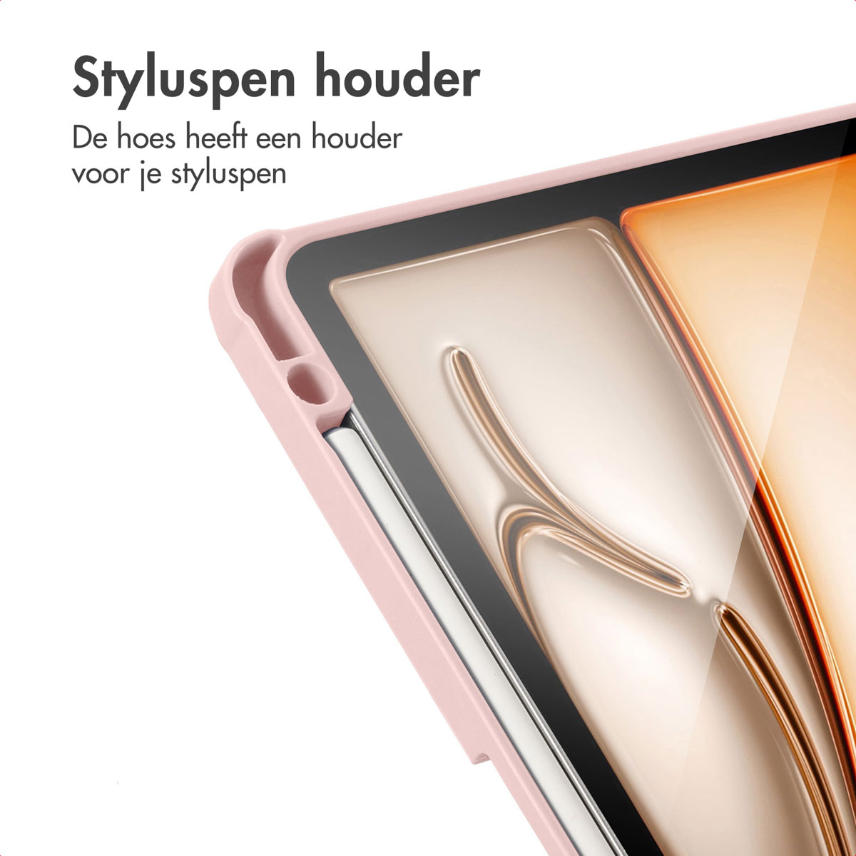 Pink tablet case with a pen holder. The case is open, showing the screen.