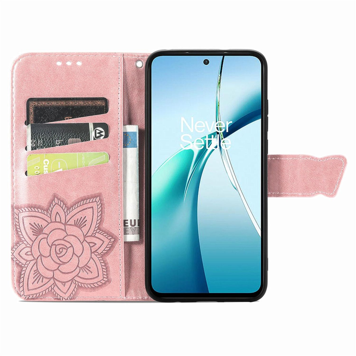 Rosa Telefon-Brieftaschentasche. Im Inneren zeigt ein Telefon eine Oberfläche. Karten und Geld in den Schlitzen.