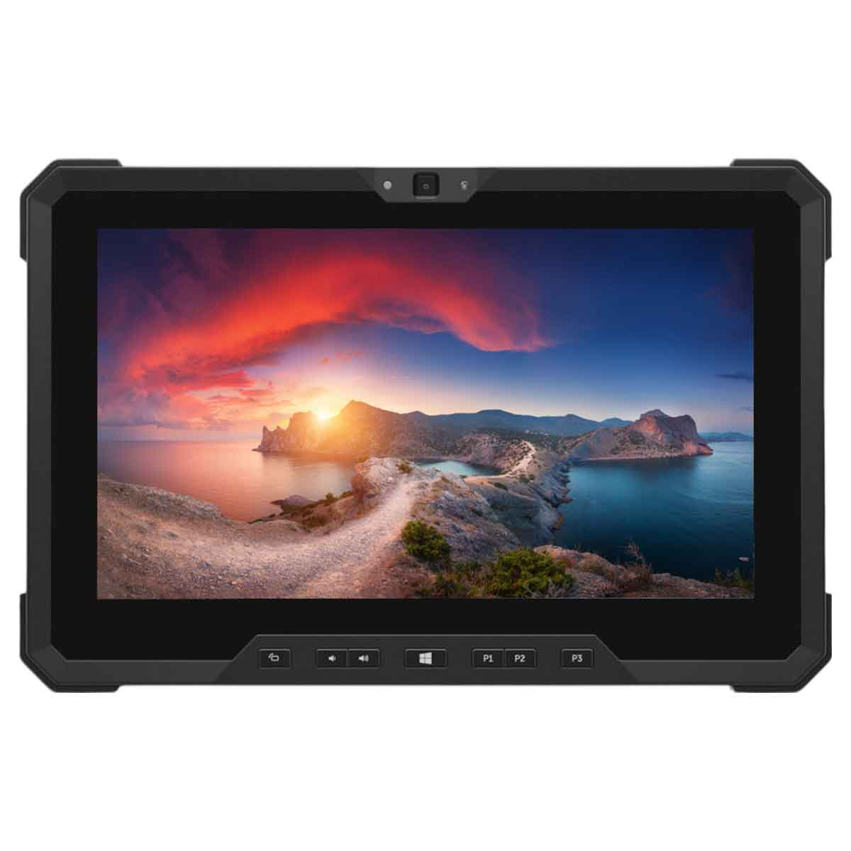 Tablet z kolorowym krajobrazem na ekranie. Czarna obudowa.