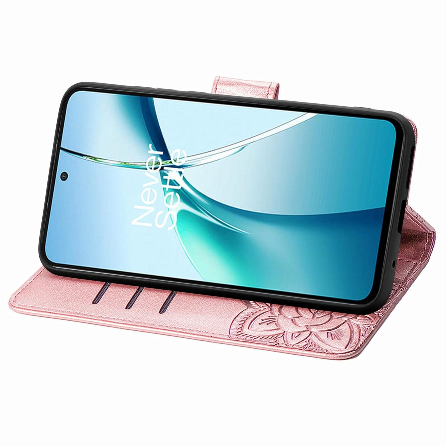 Eine rosa Handyhülle mit einem Telefon darin, das einen blauen Bildschirm zeigt.