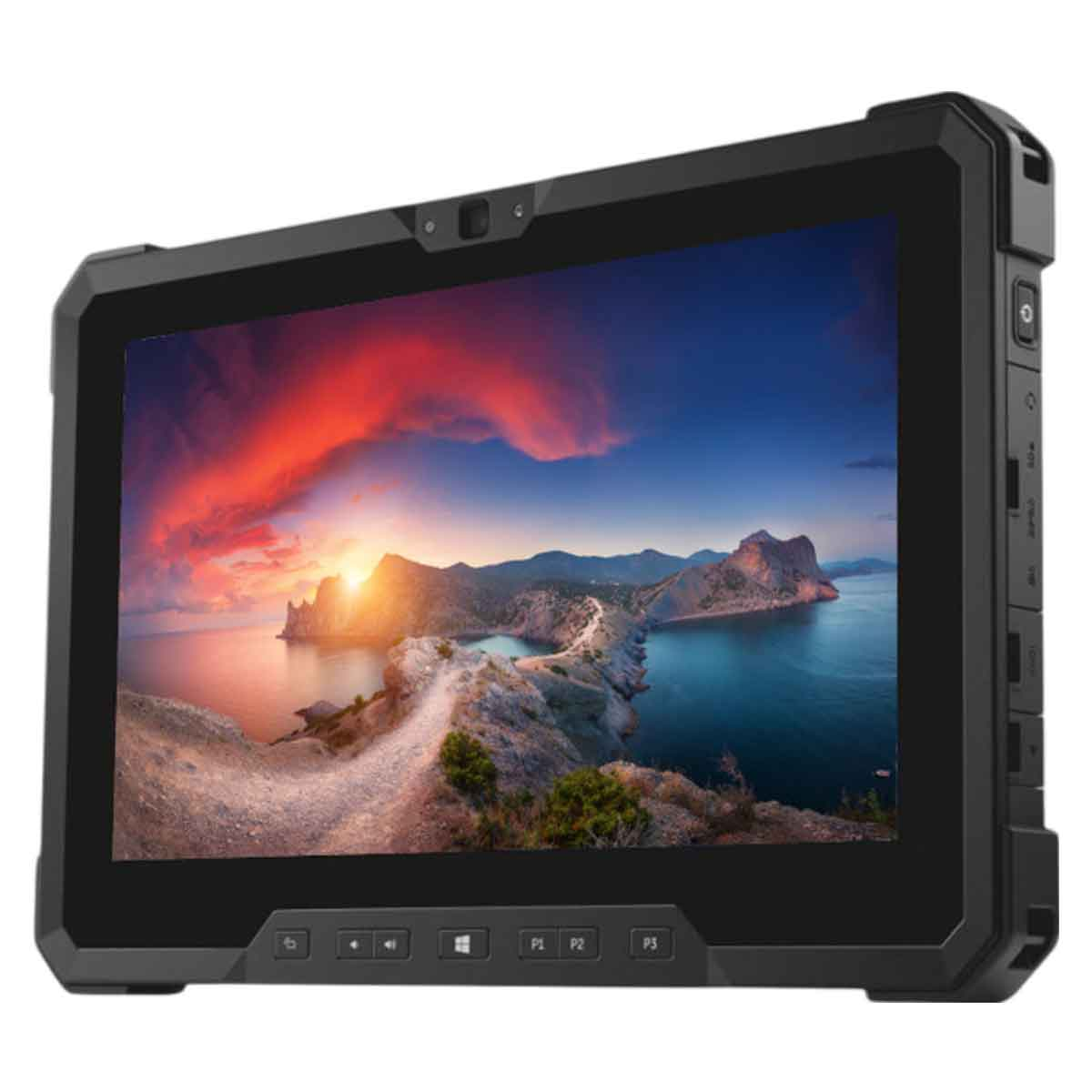 Tablet z kolorowym krajobrazem na ekranie. Czarna obudowa, widok z boku.