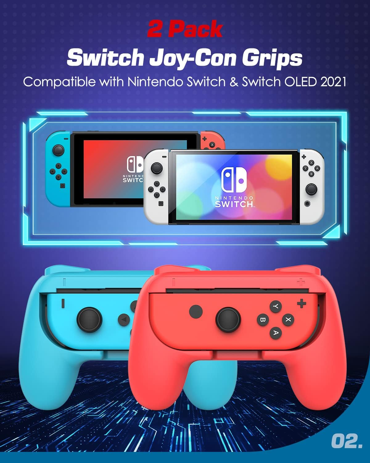 Zwei Nintendo Switch Joy-Con-Griffe. Einer blau, einer rot. Nintendo Switch-Konsolen im Hintergrund.