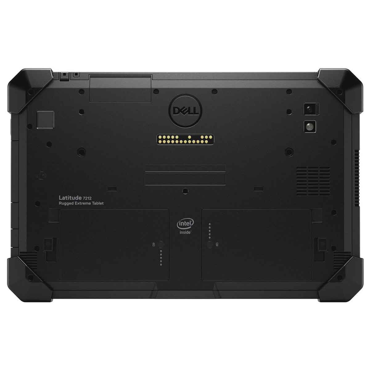 Czarny, wytrzymały tablet Dell Latitude. Pokazano tył tabletu z różnymi portami i szczegółami.