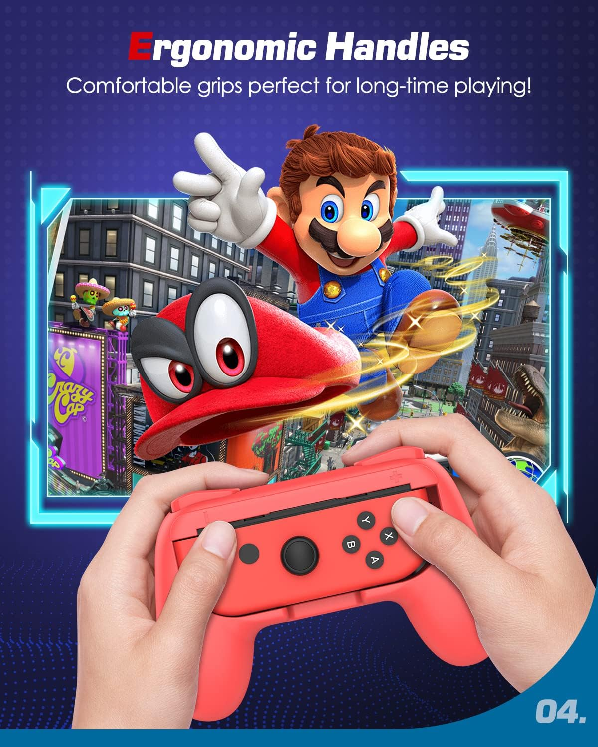 Mario hält einen roten Joy-Con-Griff. Im Hintergrund ist eine Szene aus einem Mario-Spiel zu sehen.