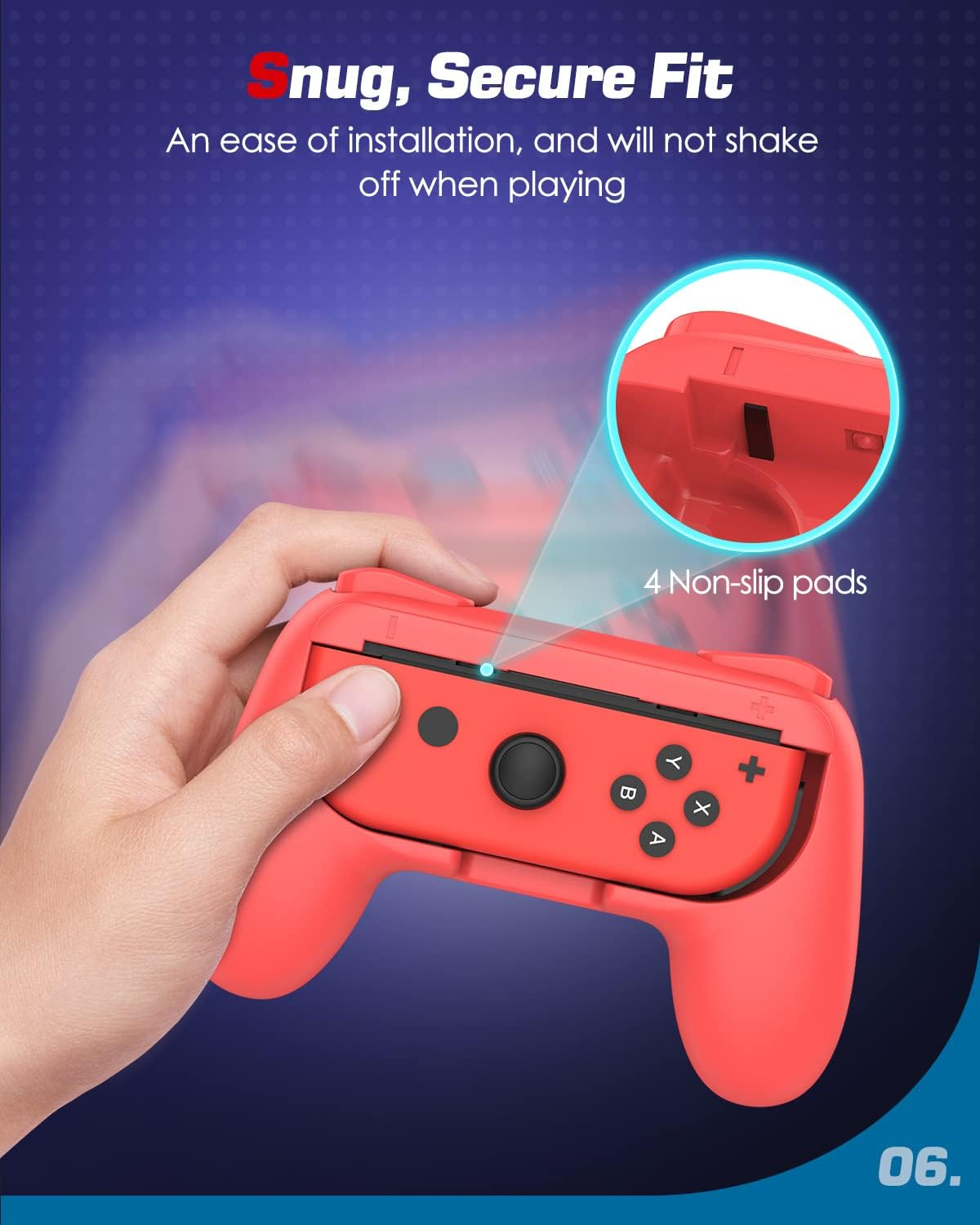 Roter Joy-Con-Controller in rotem Griff. Text: 'Snug, Secure Fit' mit 4 Pads.