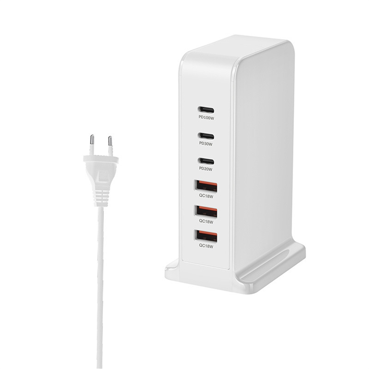 Eine weiße Ladestation mit mehreren Anschlüssen und einem weißen Netzkabel mit Stecker.