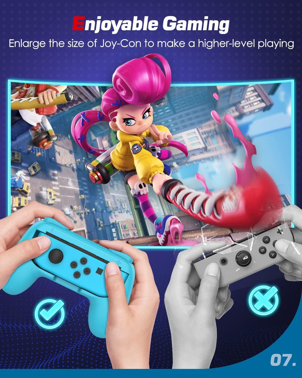 Zwei Hände halten Spielcontroller, mit einer digitalen Spielszene im Hintergrund. Text: Enjoyable Gaming.
