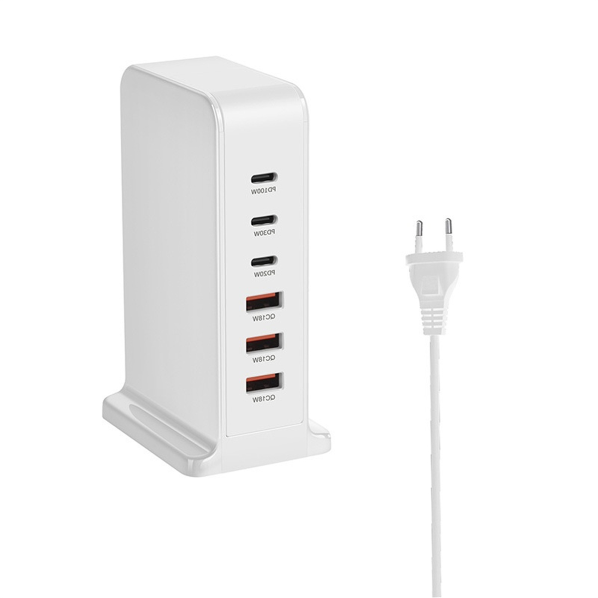 Ein weißes Netzteil mit mehreren USB-C-Anschlüssen und einem Netzkabel.