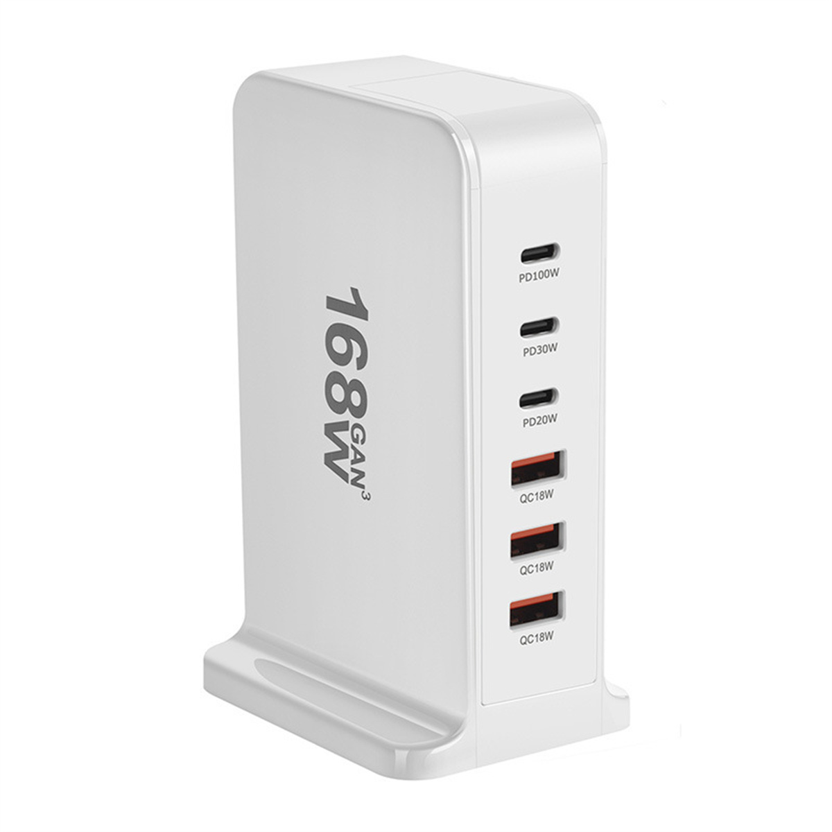 Weißes Netzteil mit mehreren Anschlüssen. Es ist mit 168W beschriftet und hat PD- und QC-Anschlüsse.