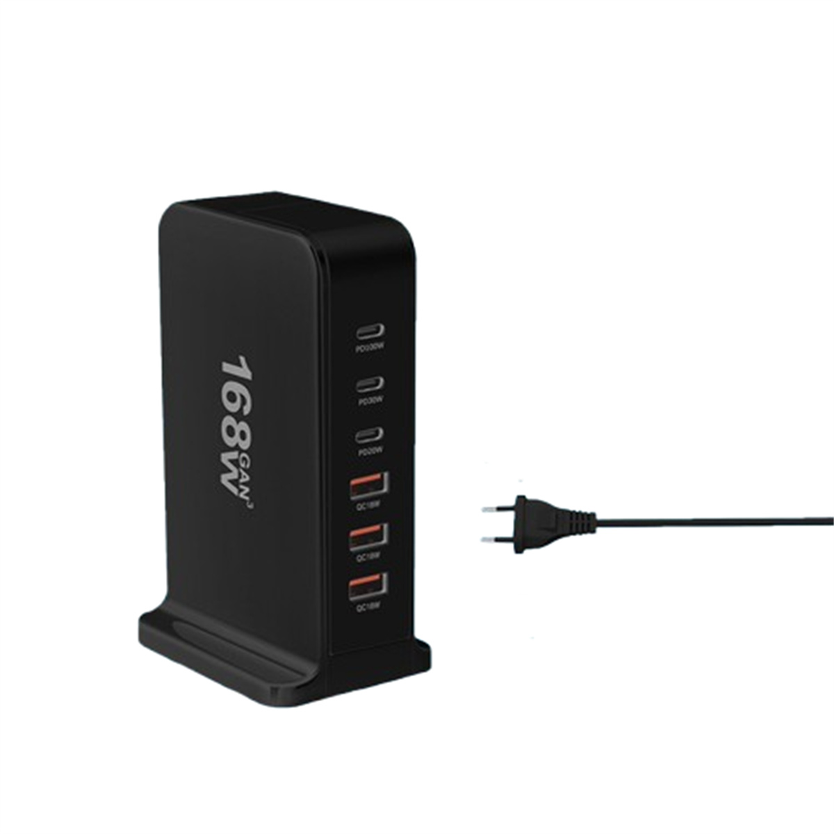 Schwarzer Netzadapter mit mehreren USB-Anschlüssen und einem Netzkabel. Der Adapter ist mit 168W GAN gekennzeichnet.