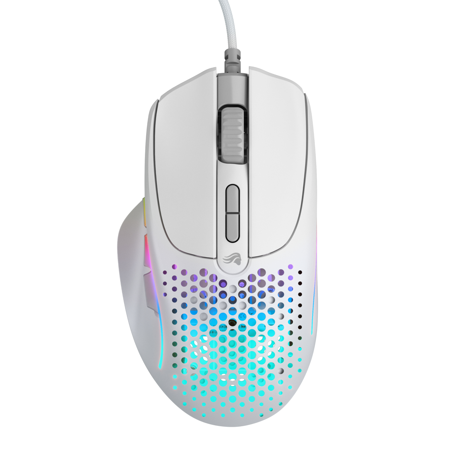 Mouse da gioco bianco. Il fondo ha un design a nido d'ape con luci colorate.