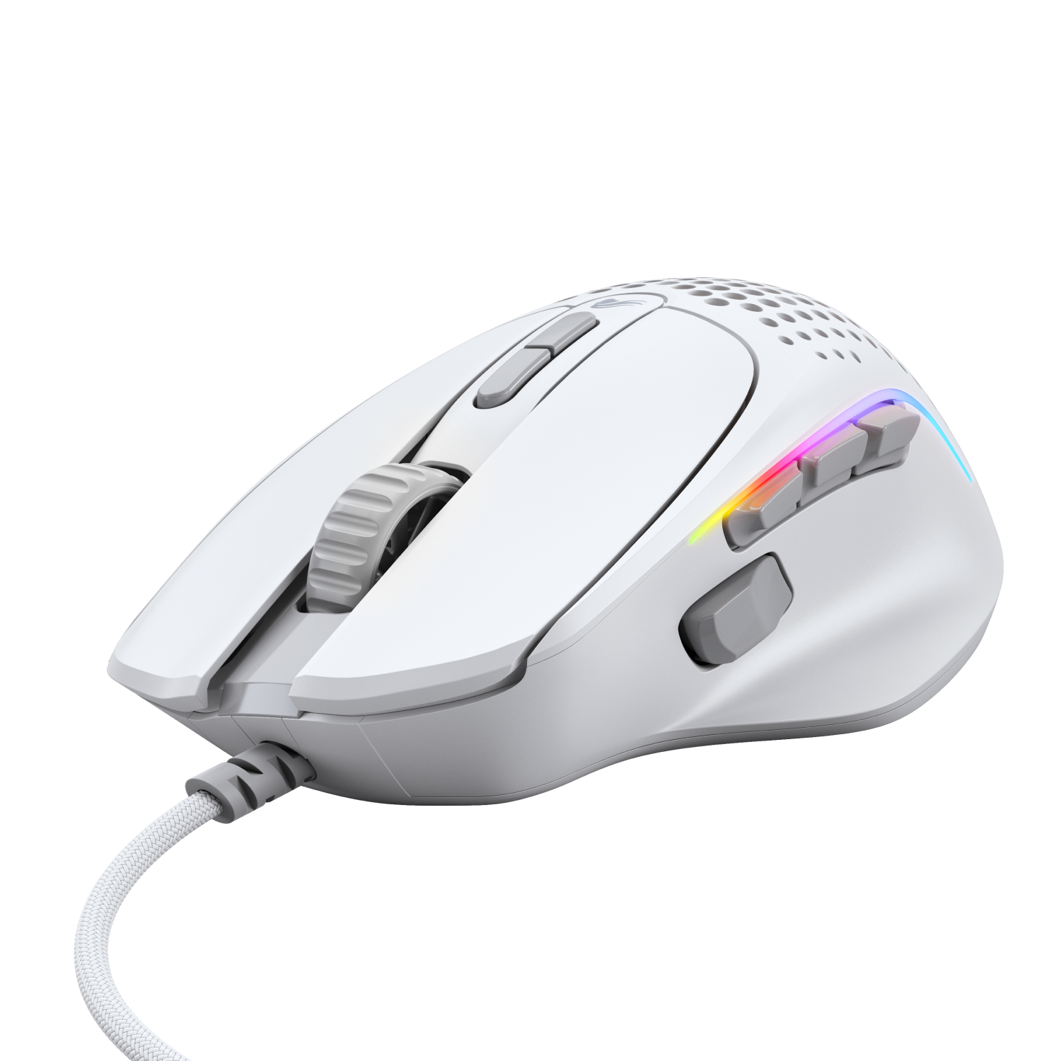 Mouse da gioco bianco con pulsanti laterali, rotella e luci colorate.