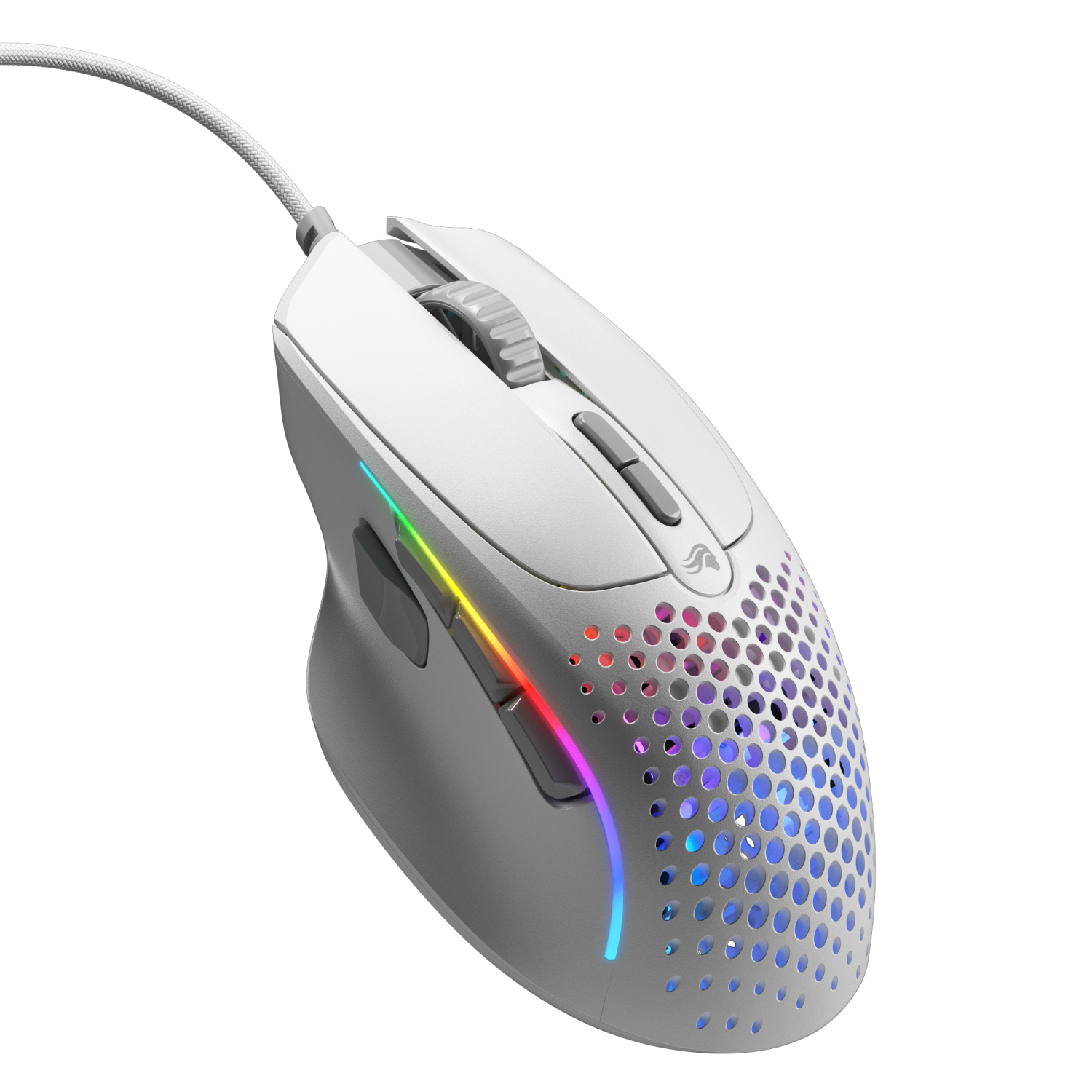 Un mouse da gioco bianco con illuminazione RGB lungo il lato e sulla superficie a nido d'ape.