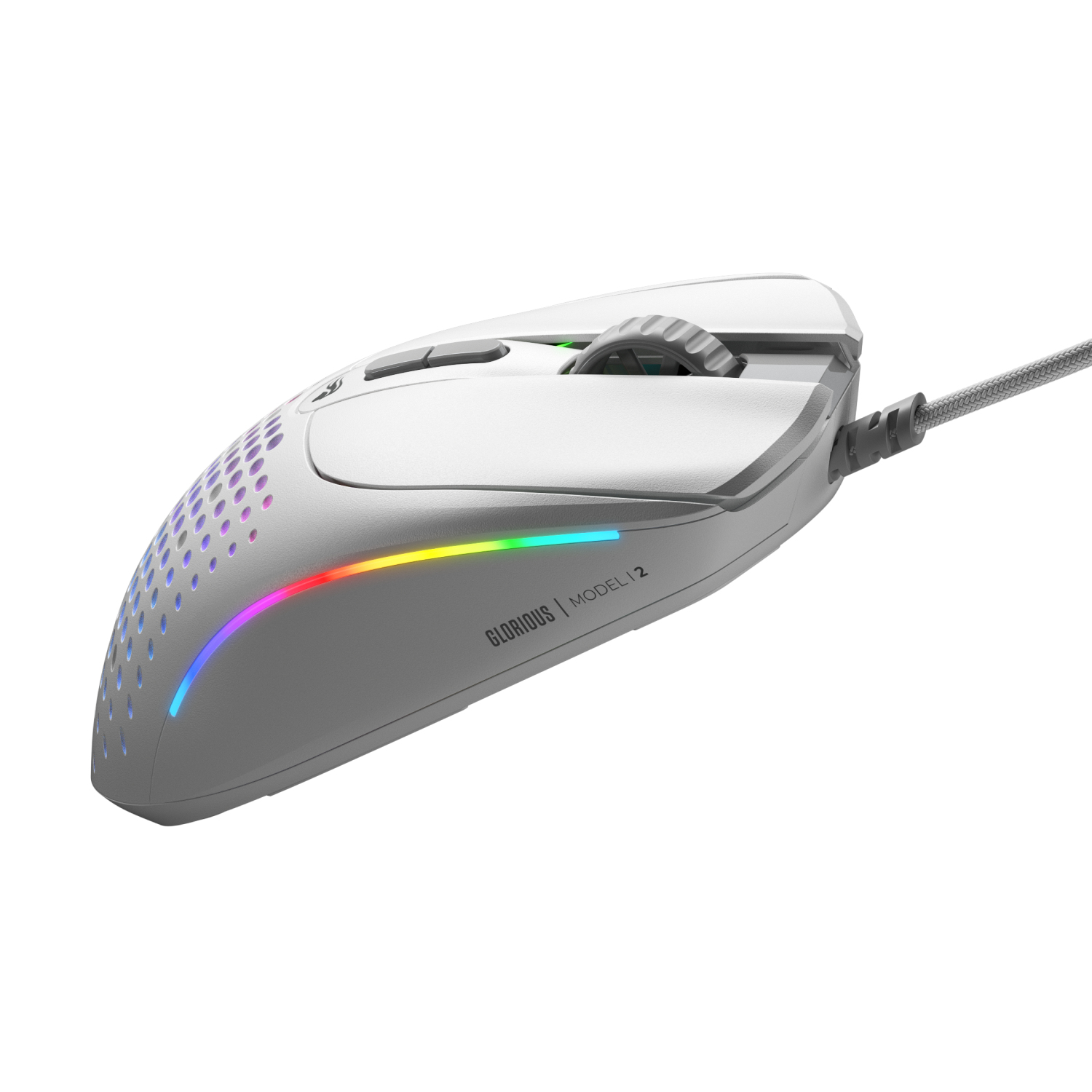 Mouse da gioco bianco con illuminazione RGB, rotella e cavo.
