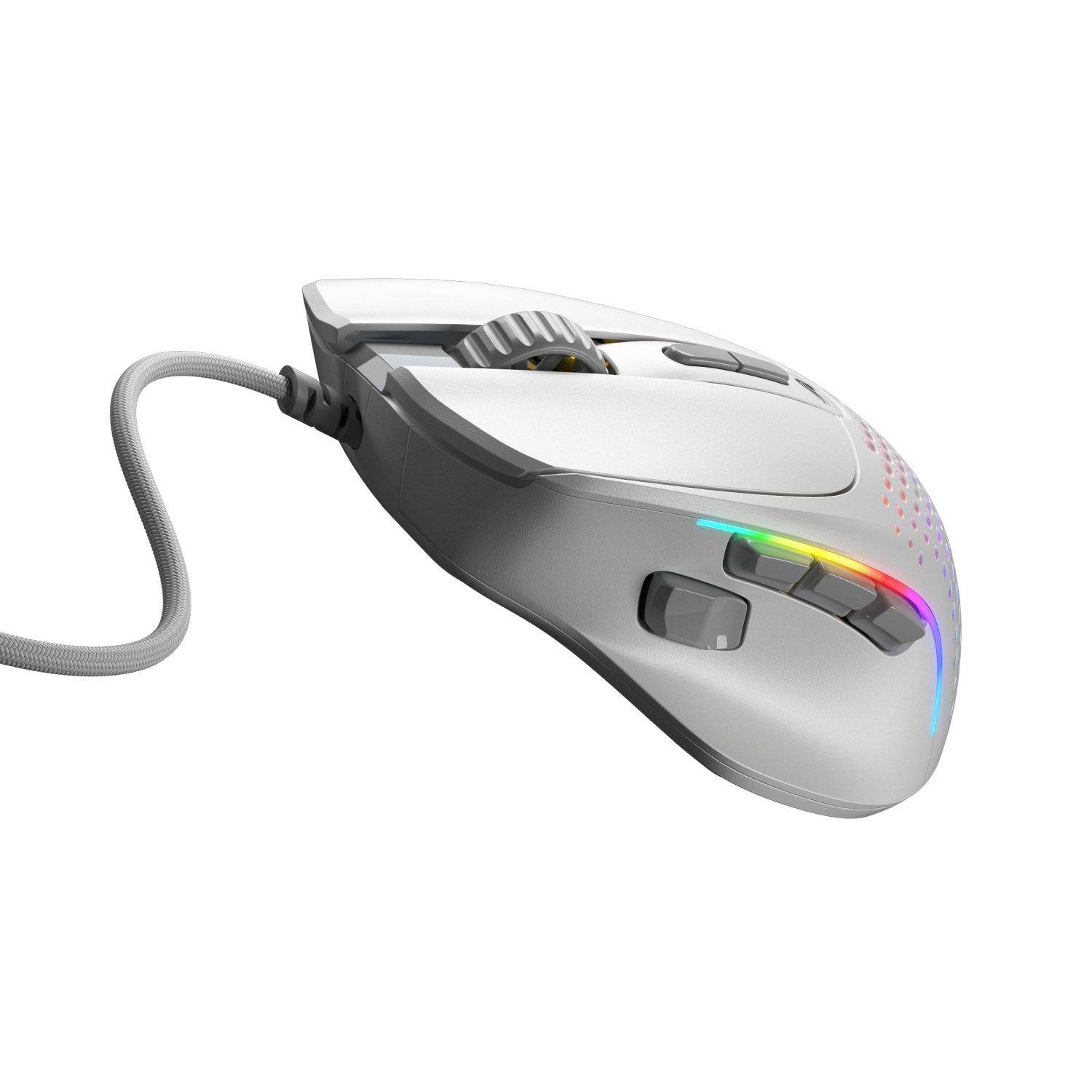 Un mouse da gioco bianco con cavo, con illuminazione RGB sui pulsanti laterali.