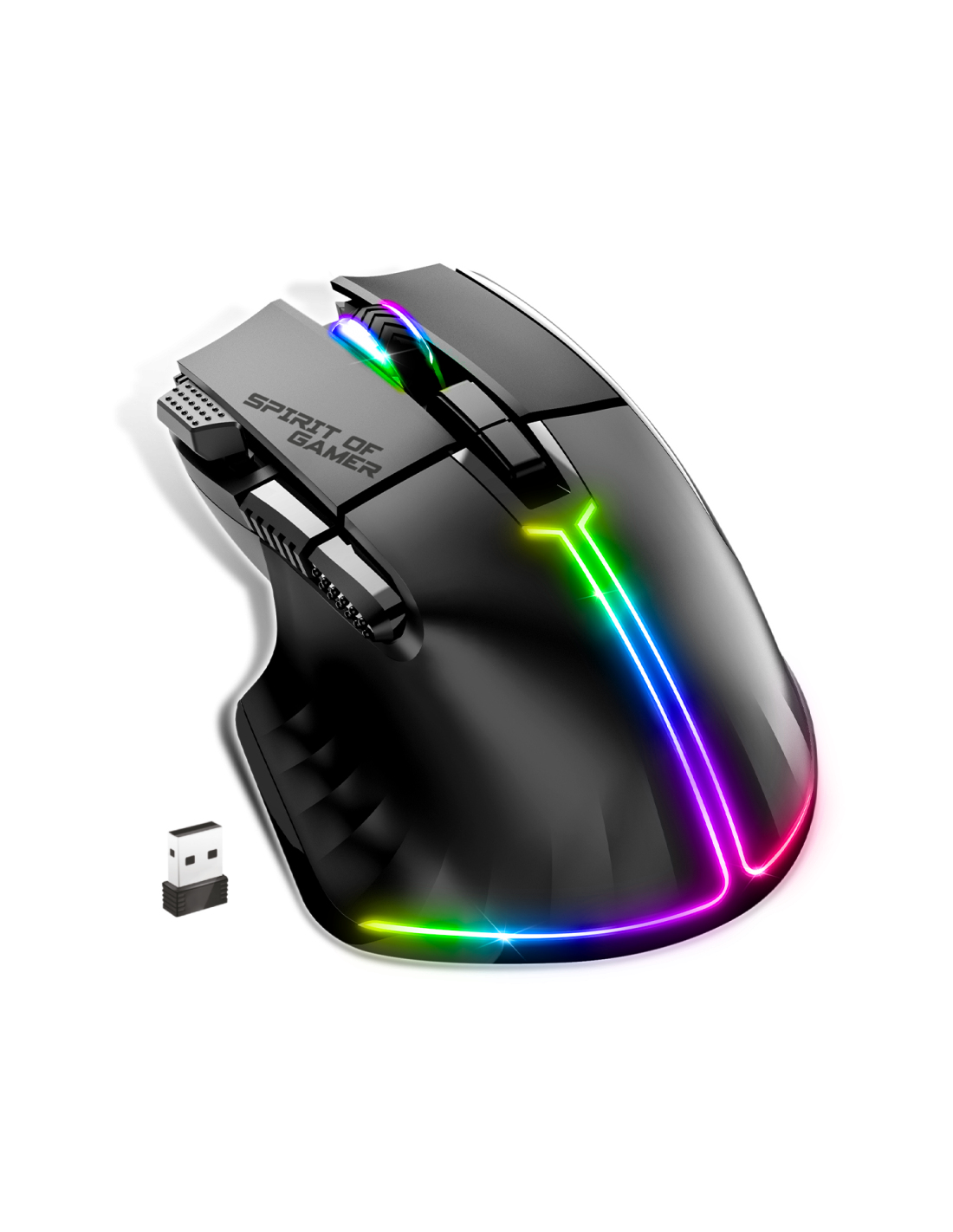 Zwarte gamingmuis met draadloze ontvanger. Lichten aan de zijkant. Witte achtergrond.