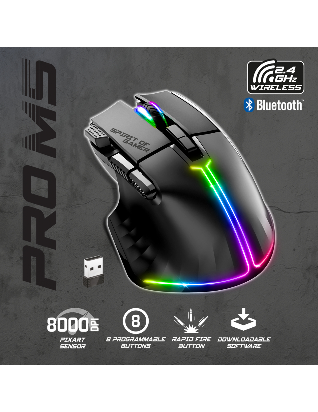 Zwarte gamingmuis met RGB-verlichting en meerdere knoppen. De muis heeft draadloze connectiviteit.