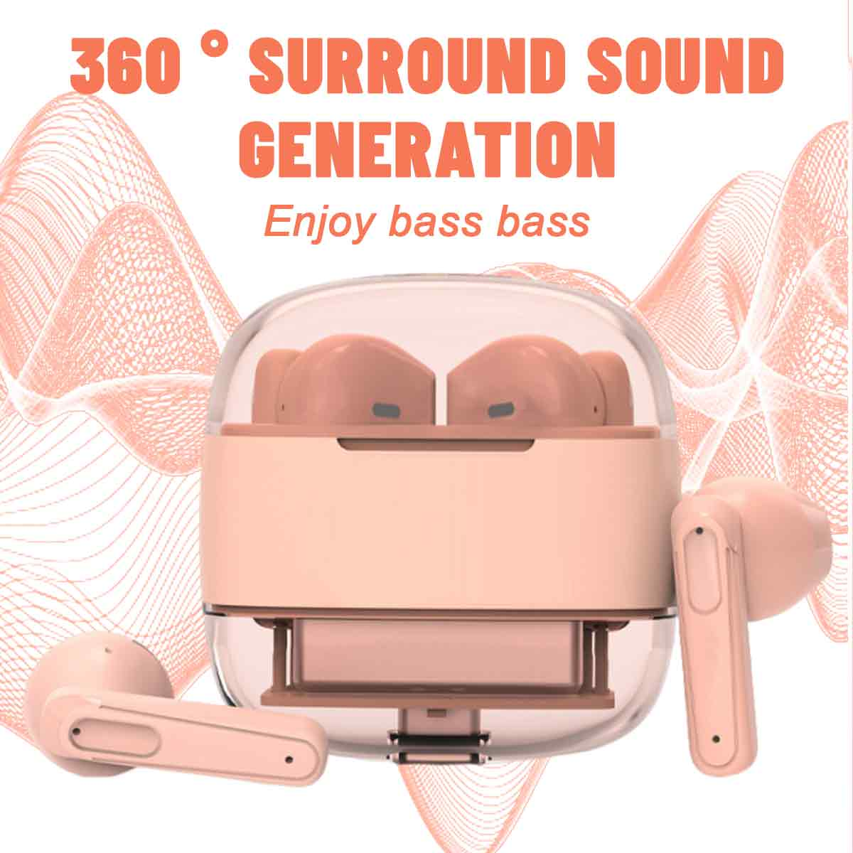 Rosafarbene Ohrhörer in einem durchsichtigen Gehäuse. Text lautet '360° Surround Sound Generation' und 'Enjoy bass bass'.