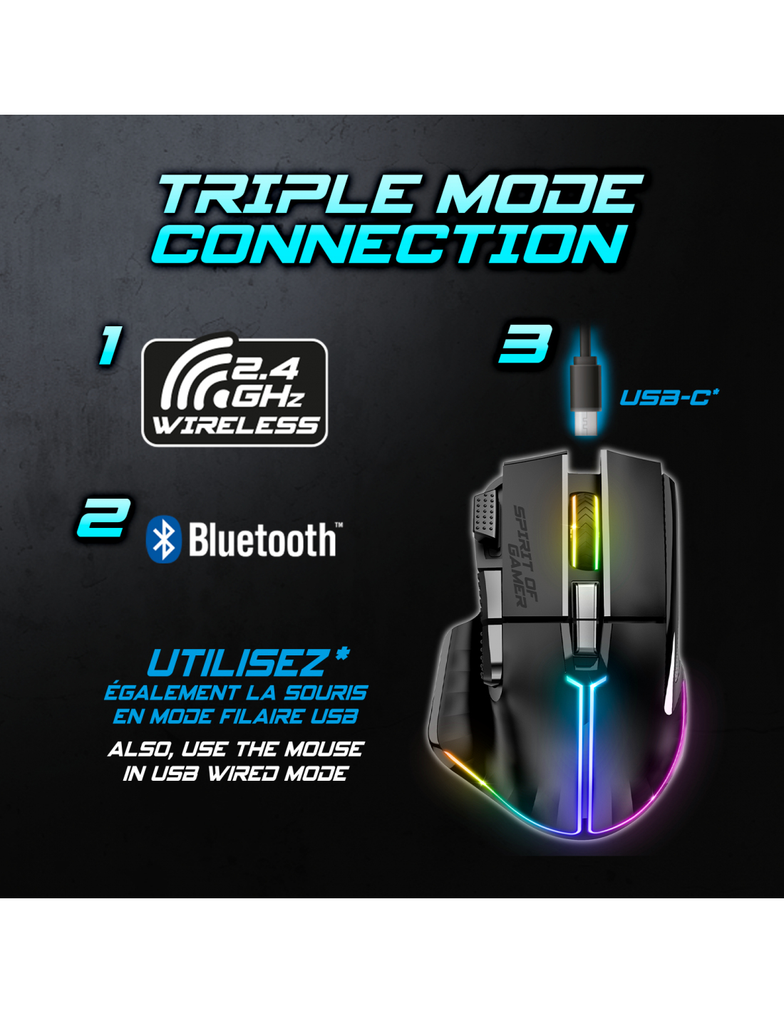 Een gamingmuis met meerdere verbindingsopties. Het toont draadloze, Bluetooth- en USB-C-verbinding.