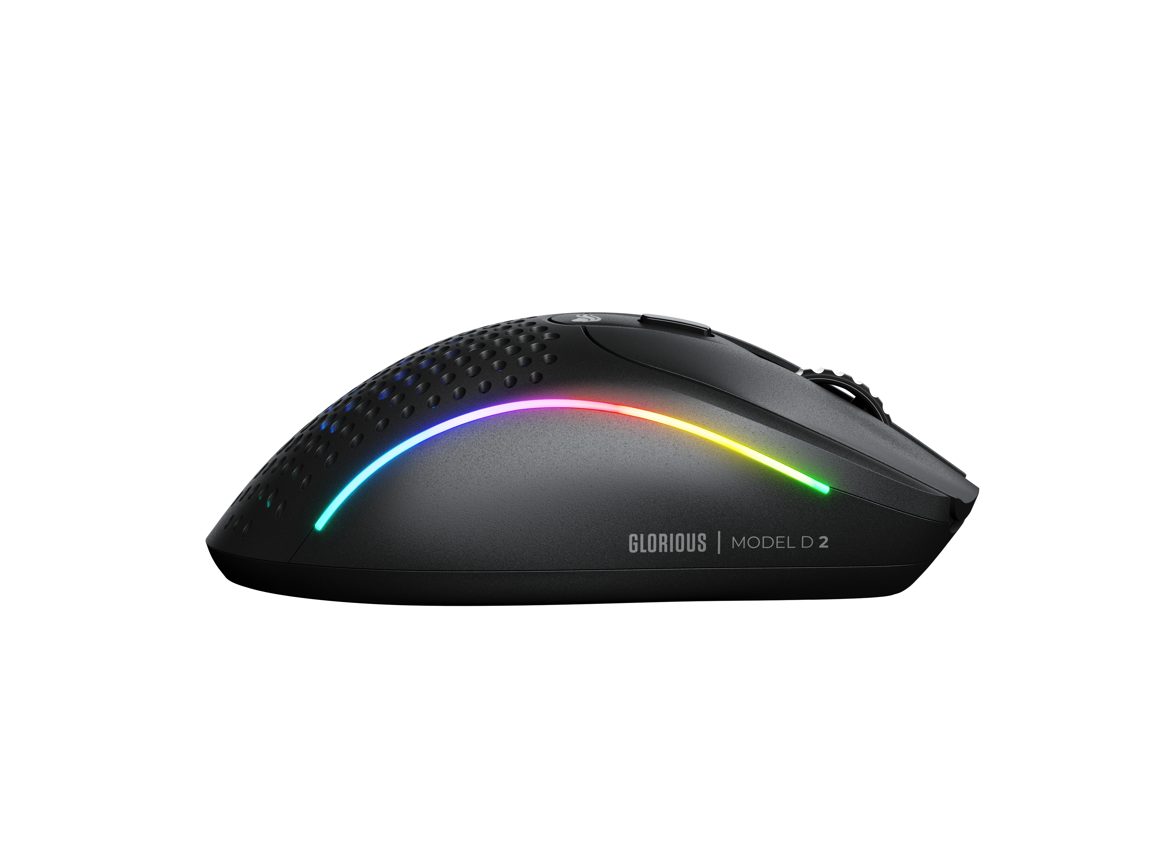 Mouse da gaming nero con illuminazione RGB, marchio 'GLORIOUS' e 'MODEL D 2'.