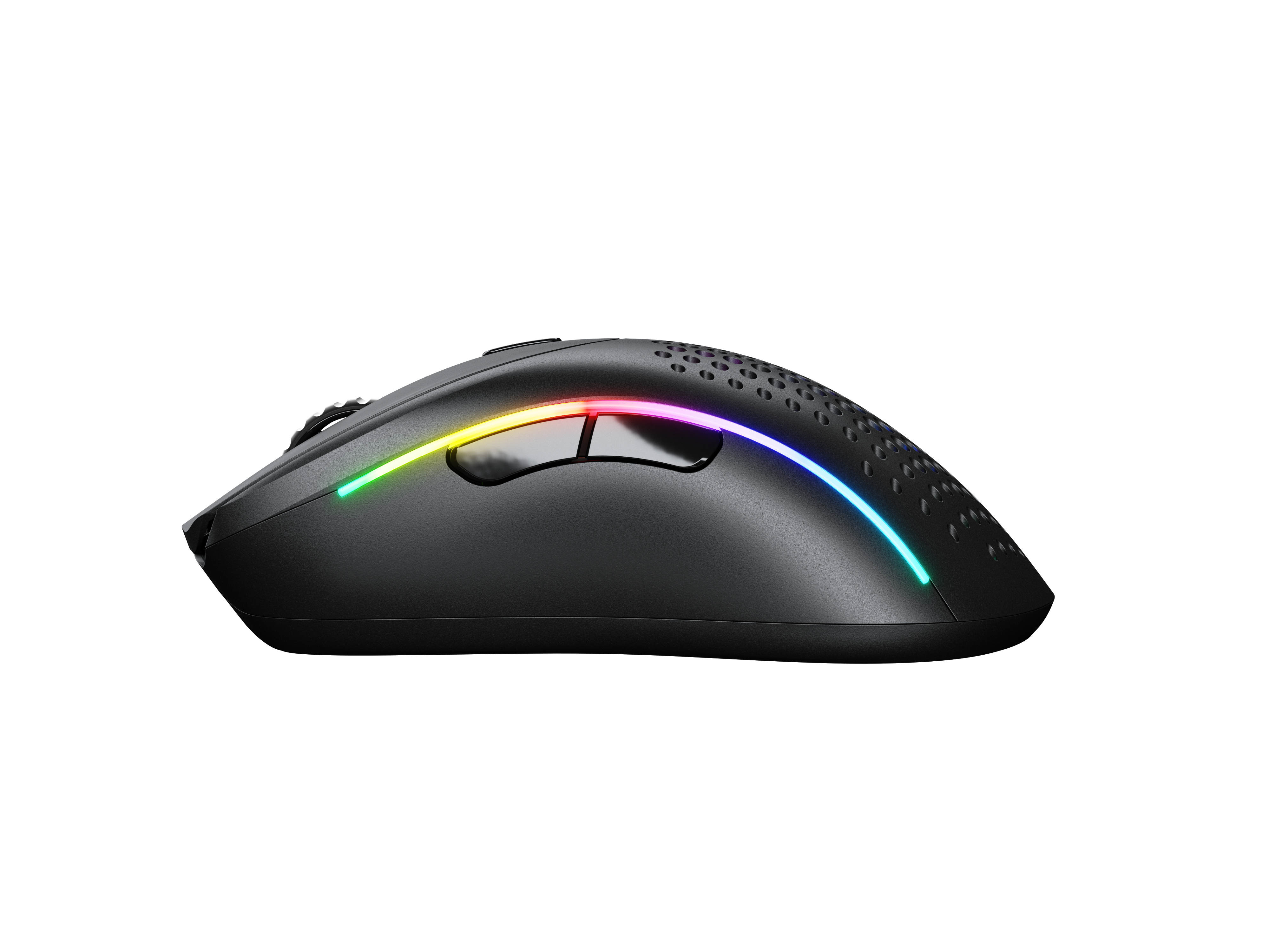 Mouse da gaming nero con illuminazione RGB sul lato, su sfondo bianco.