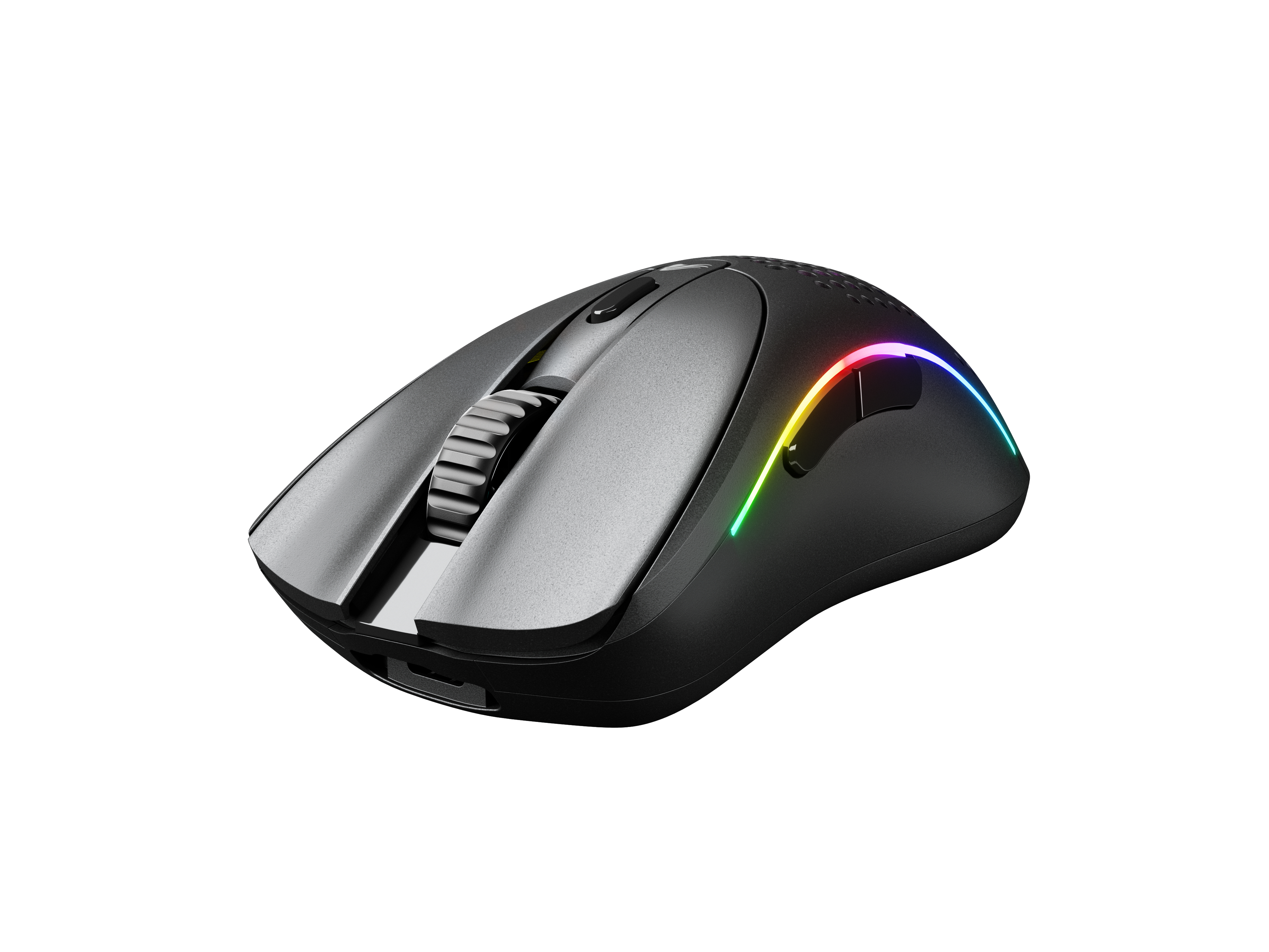 Mouse da gaming nero con luci RGB, una rotella e marchio 'GLORIOUS'.