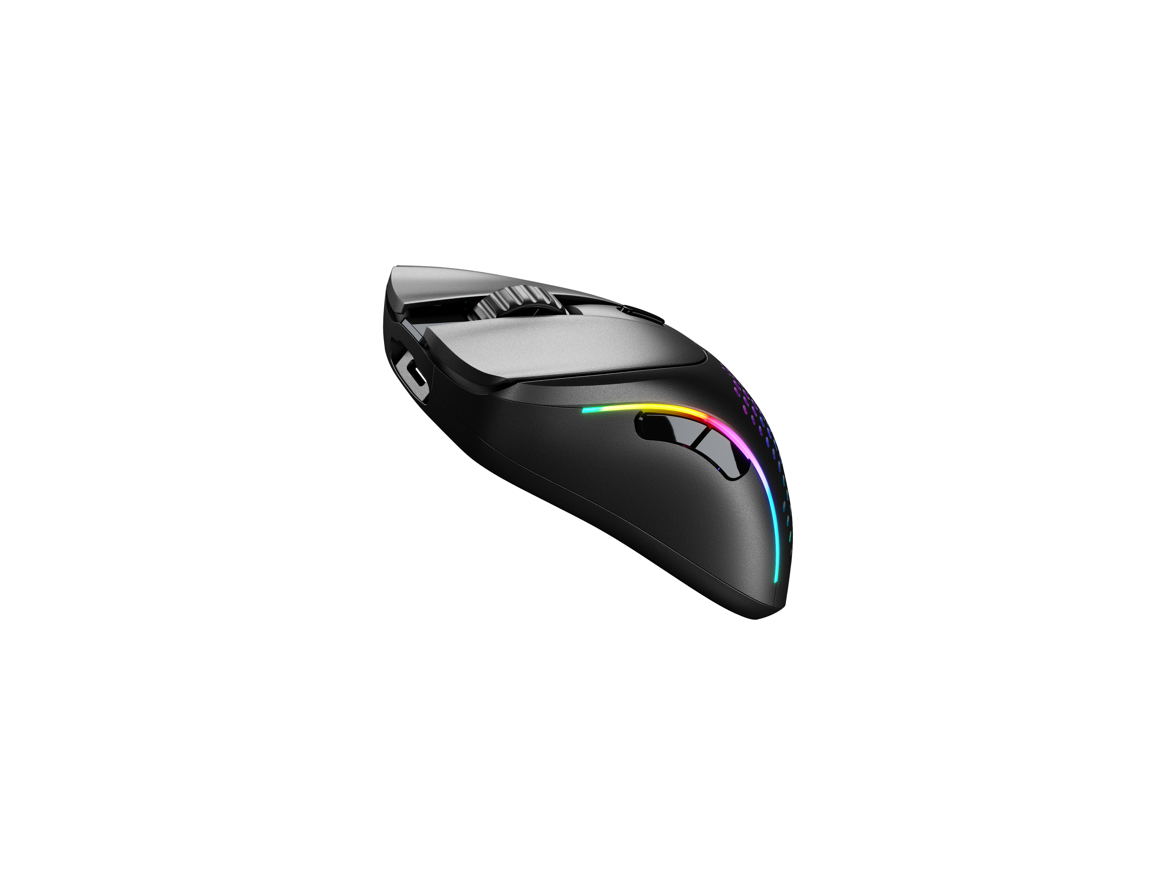 Mouse da gaming nero, vista angolata, con illuminazione RGB e rotella.