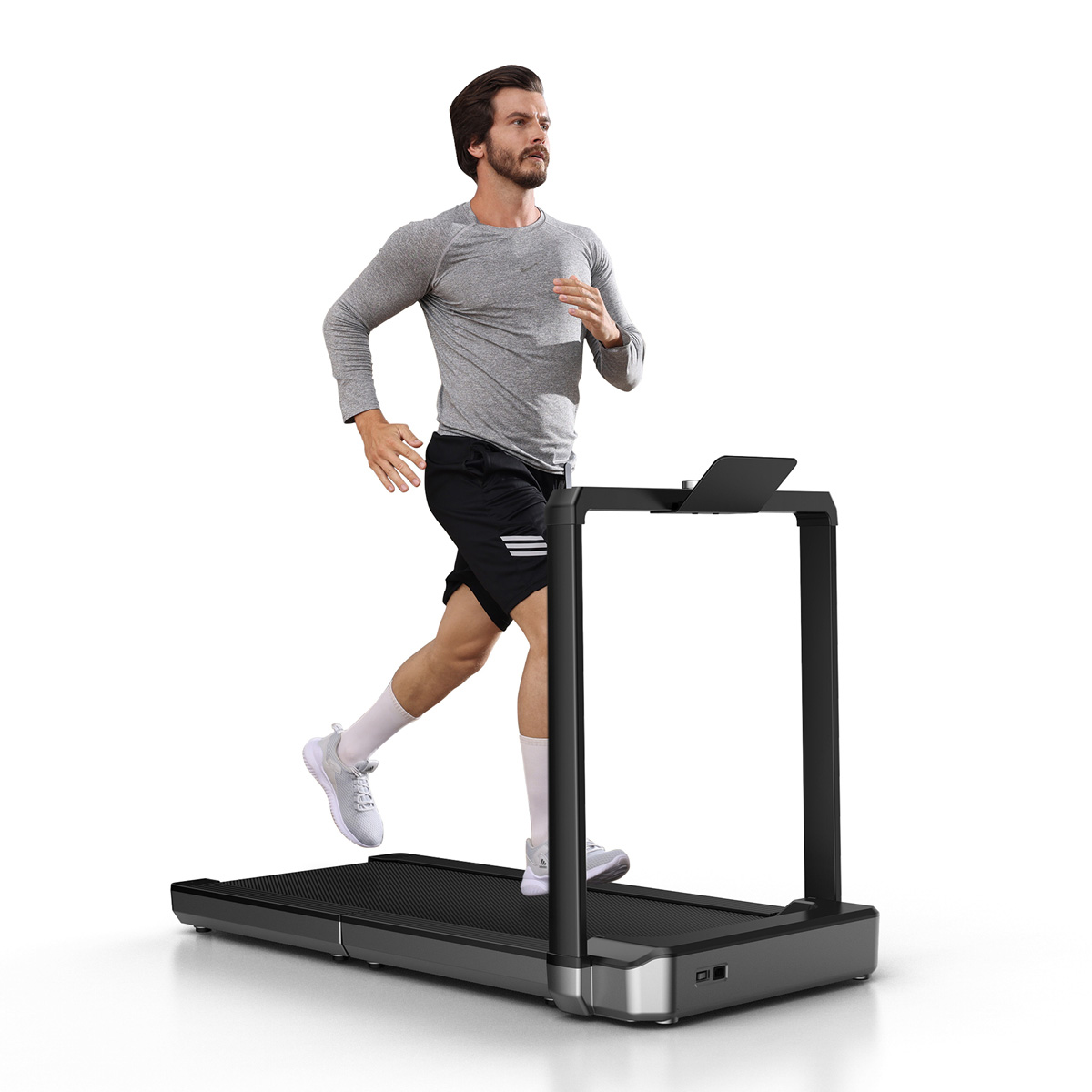 Mann läuft auf einem Laufband. Das Laufband hat einen Bildschirm. Weißer Hintergrund.
