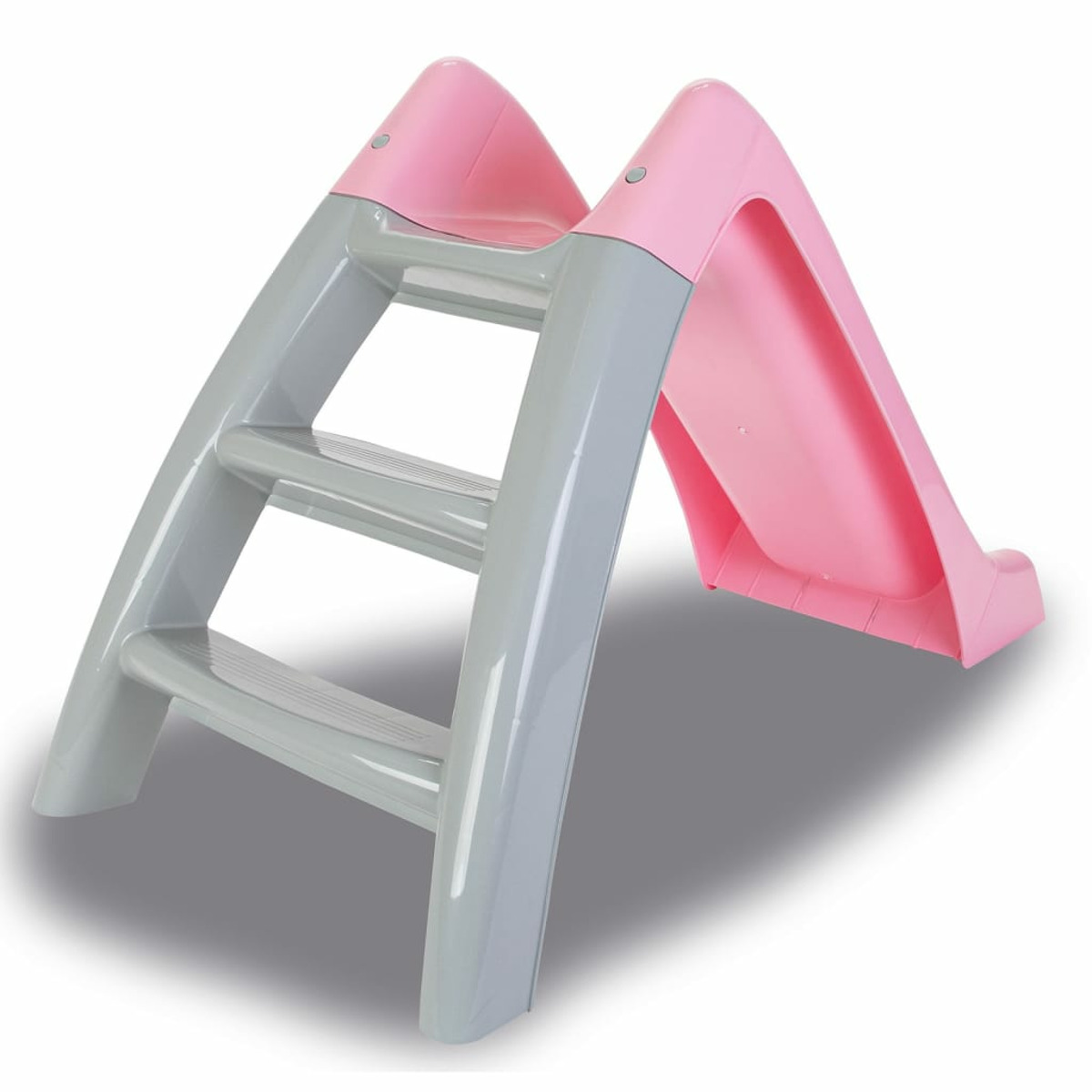 Rosa und graue Plastikrutsche für Kinder. Mit Stufen und einer Rutsche.