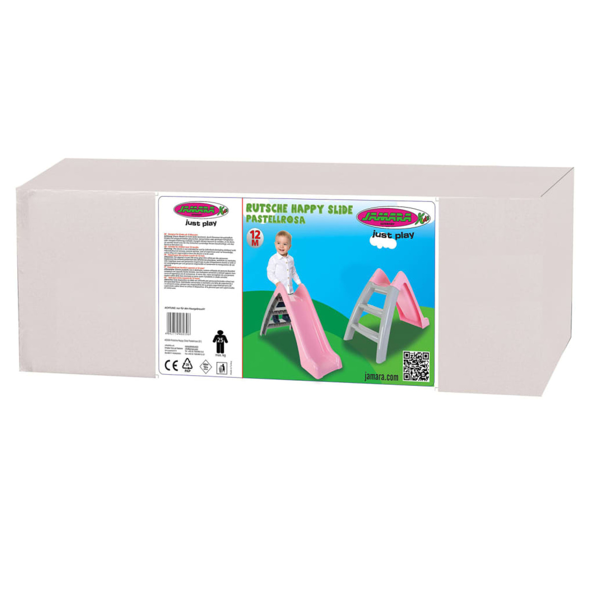 Karton mit Rutschenbild. Es zeigt eine rosa Rutsche und ein Kind. Die Box hat Text in mehreren Sprachen.