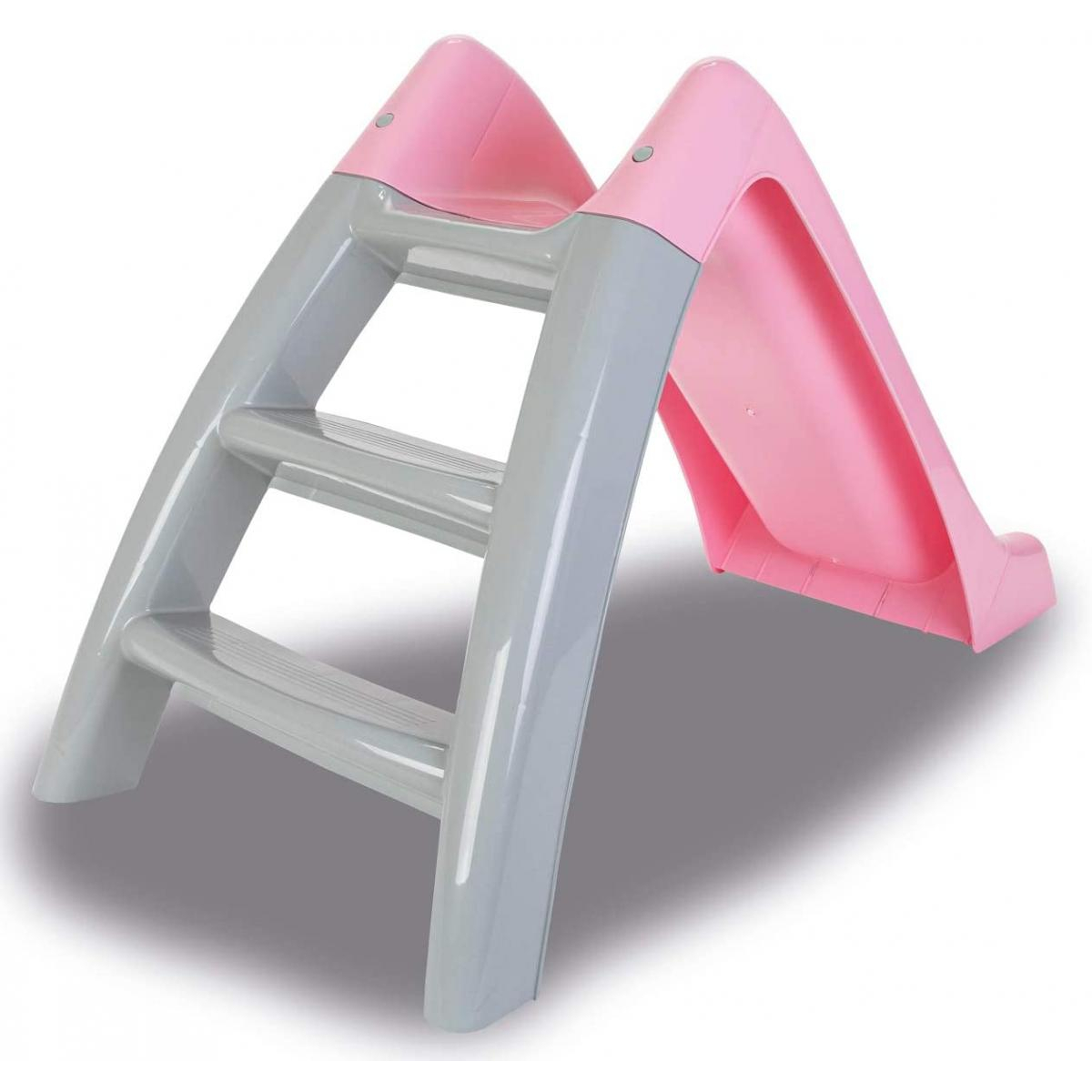 Rosa und graue Plastikrutsche. Die Rutsche hat drei Stufen und eine rosa Rampe. Der Hintergrund ist weiß.