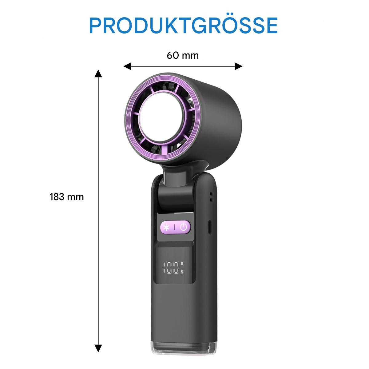 Handventilator, schwarzes Gehäuse, lila Akzente und Abmessungen mit 60 mm x 183 mm.
