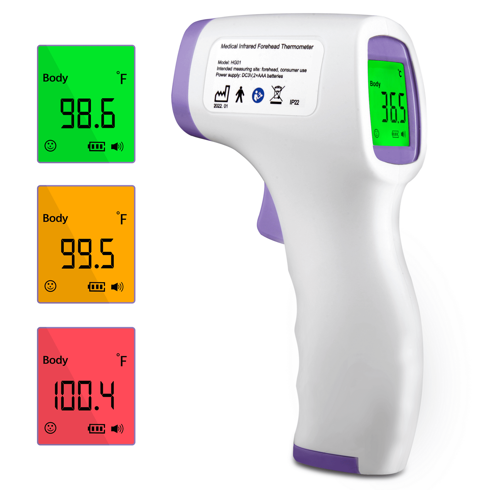 Infrarot-Stirnthermometer mit drei Temperaturanzeigen. Messwerte: 98,6, 99,5, 100,4 Fahrenheit.