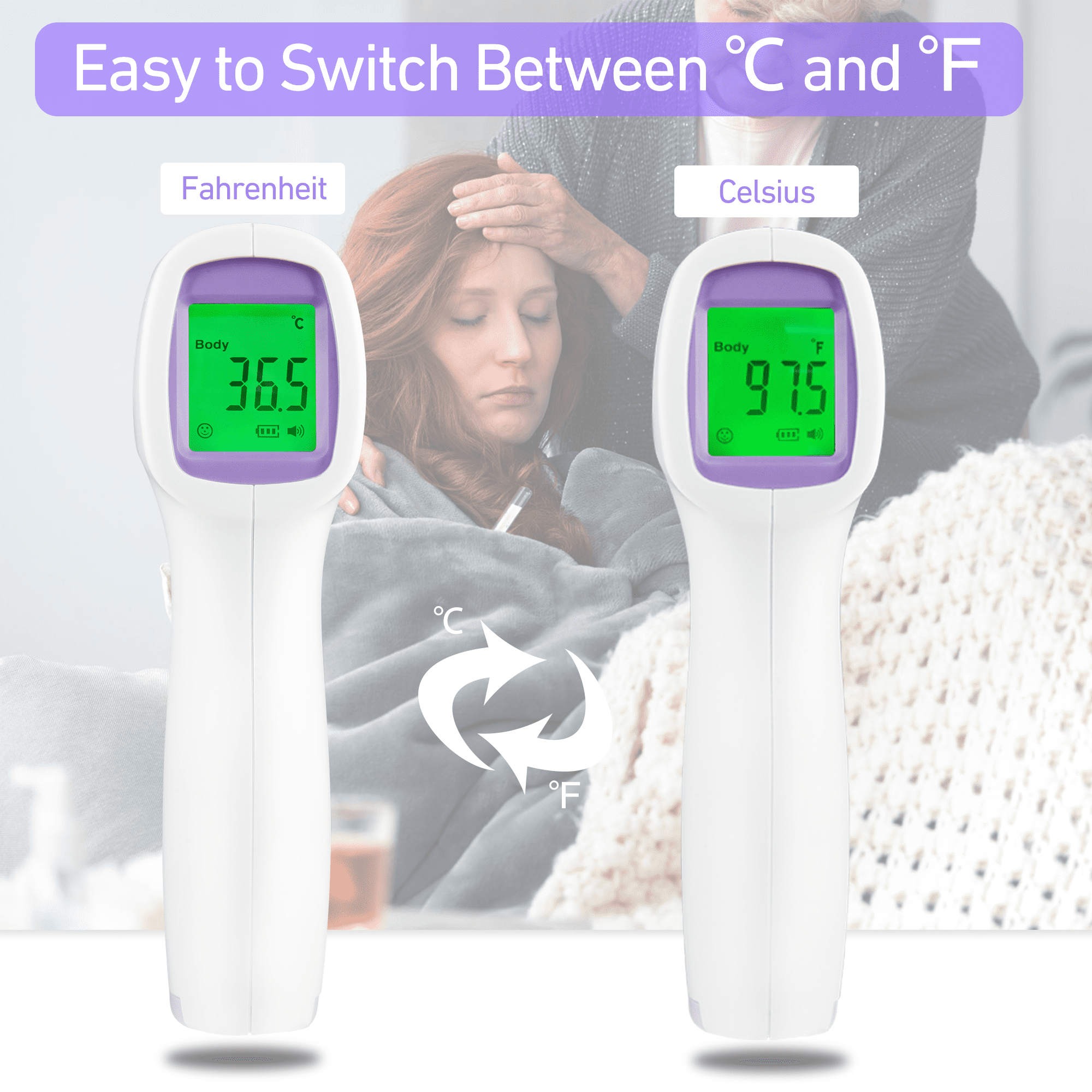 Zwei Thermometer zeigen Körpertemperatur in Celsius und Fahrenheit, mit Hintergrund.