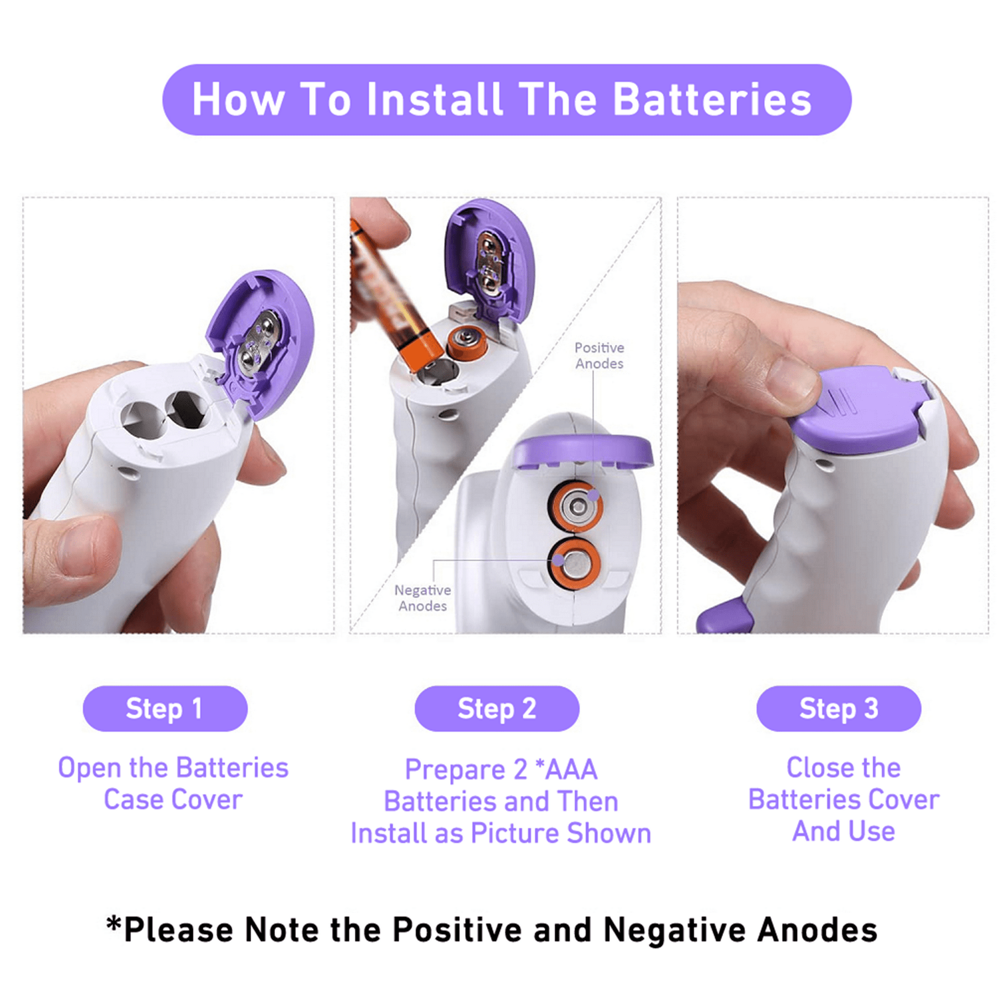 Anweisungen zeigen, wie man Batterien in ein Gerät einlegt, Schritt für Schritt, mit Bildern und Text.
